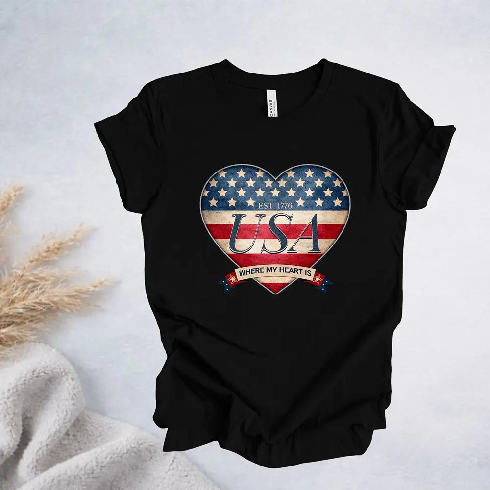 Where My Heart Is T-Shirt — Patriotic Heart Tee Printify
