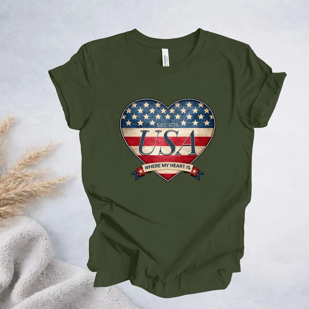 Where My Heart Is T-Shirt — Patriotic Heart Tee Printify