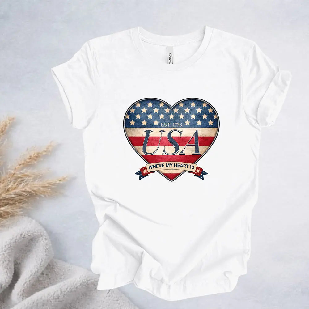 Where My Heart Is T-Shirt — Patriotic Heart Tee Printify