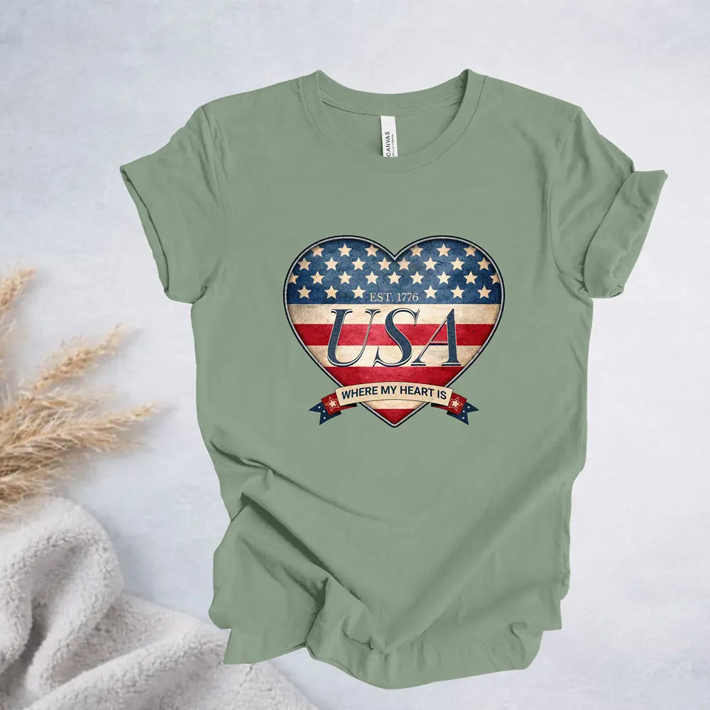 Where My Heart Is T-Shirt — Patriotic Heart Tee Printify