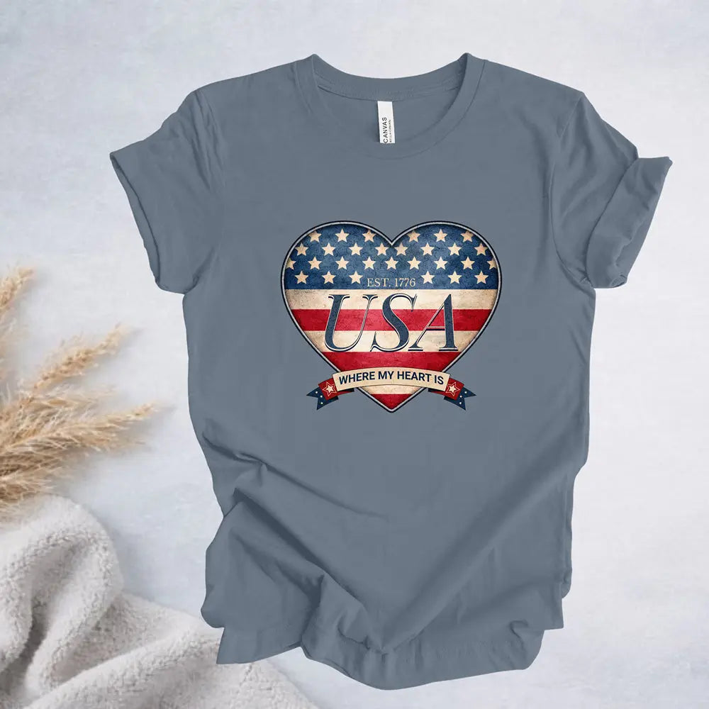 Where My Heart Is T-Shirt — Patriotic Heart Tee Printify