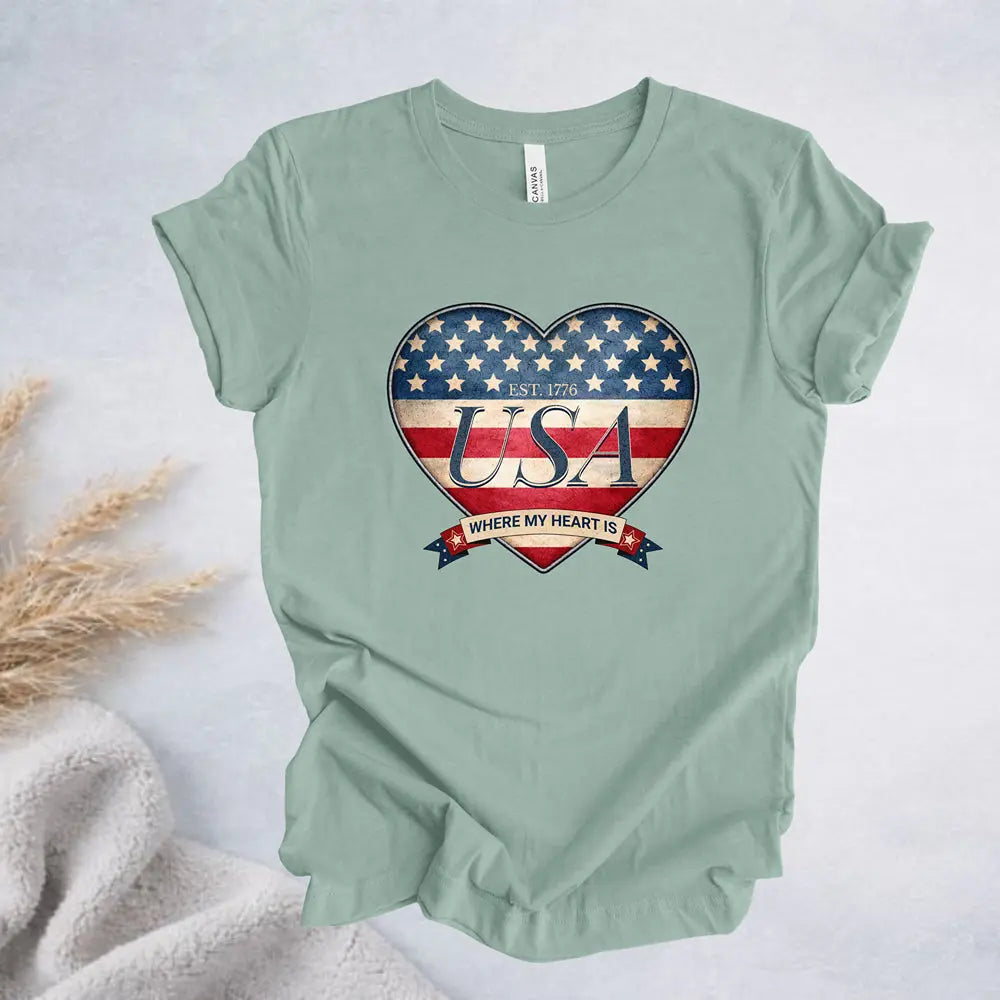 Where My Heart Is T-Shirt — Patriotic Heart Tee Printify