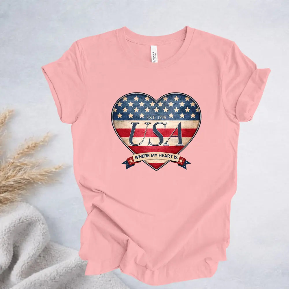 Where My Heart Is T-Shirt — Patriotic Heart Tee Printify