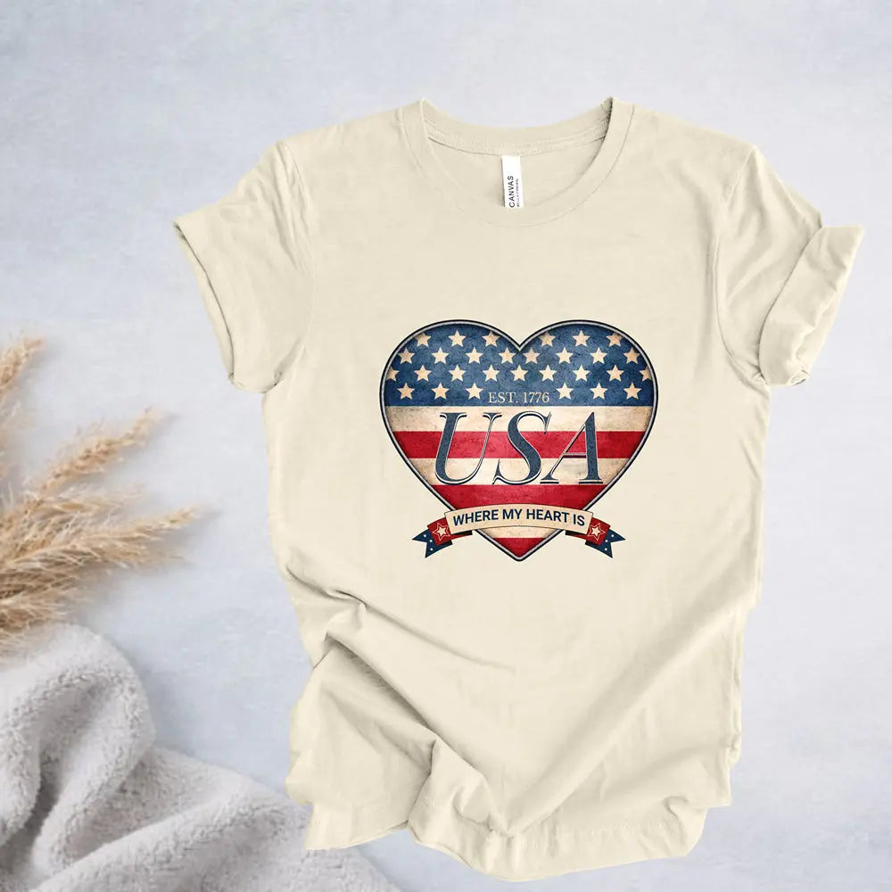Where My Heart Is T-Shirt — Patriotic Heart Tee Printify
