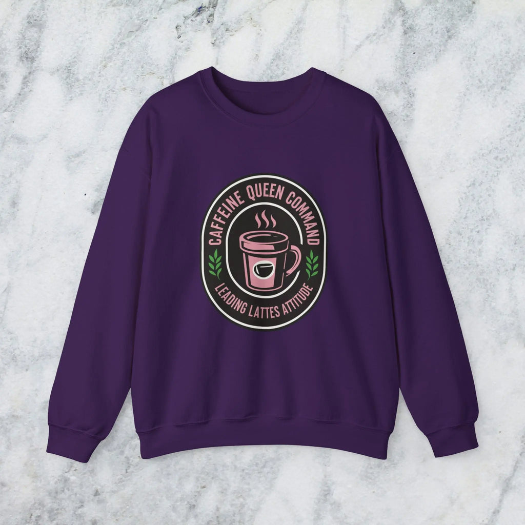 Coffee Crewneck Sweatshirt — "Caffeine Queen Command" Latte Lovers Pullover Printify