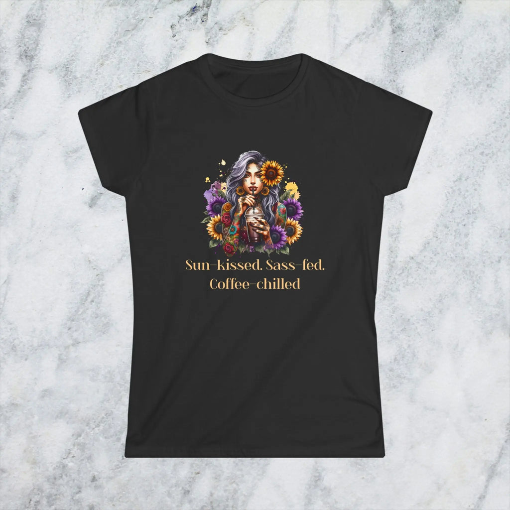 Sun-Kissed Sass-Fed Coffee-Chilled Shirt – Boho Coffee Lover Tee, Sunflower Aesthetic T-Shirt, Sassy Summer Caffeine Gift Printify