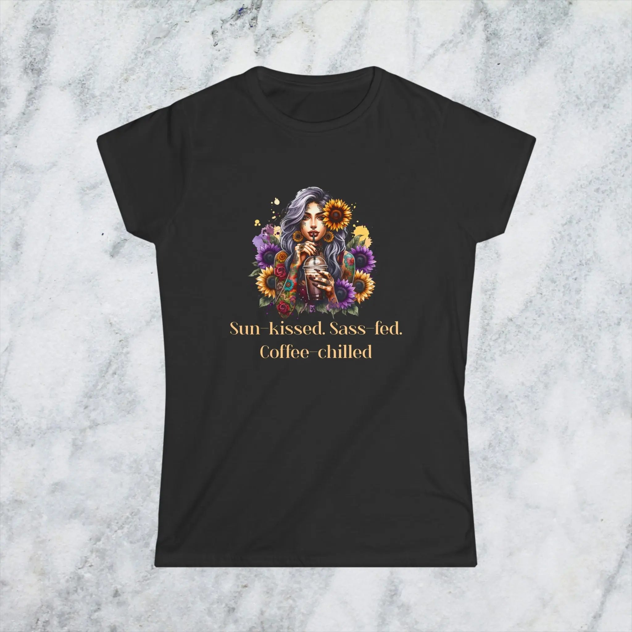 Sun-Kissed Sass-Fed Coffee-Chilled Shirt – Boho Coffee Lover Tee, Sunflower Aesthetic T-Shirt, Sassy Summer Caffeine Gift Printify