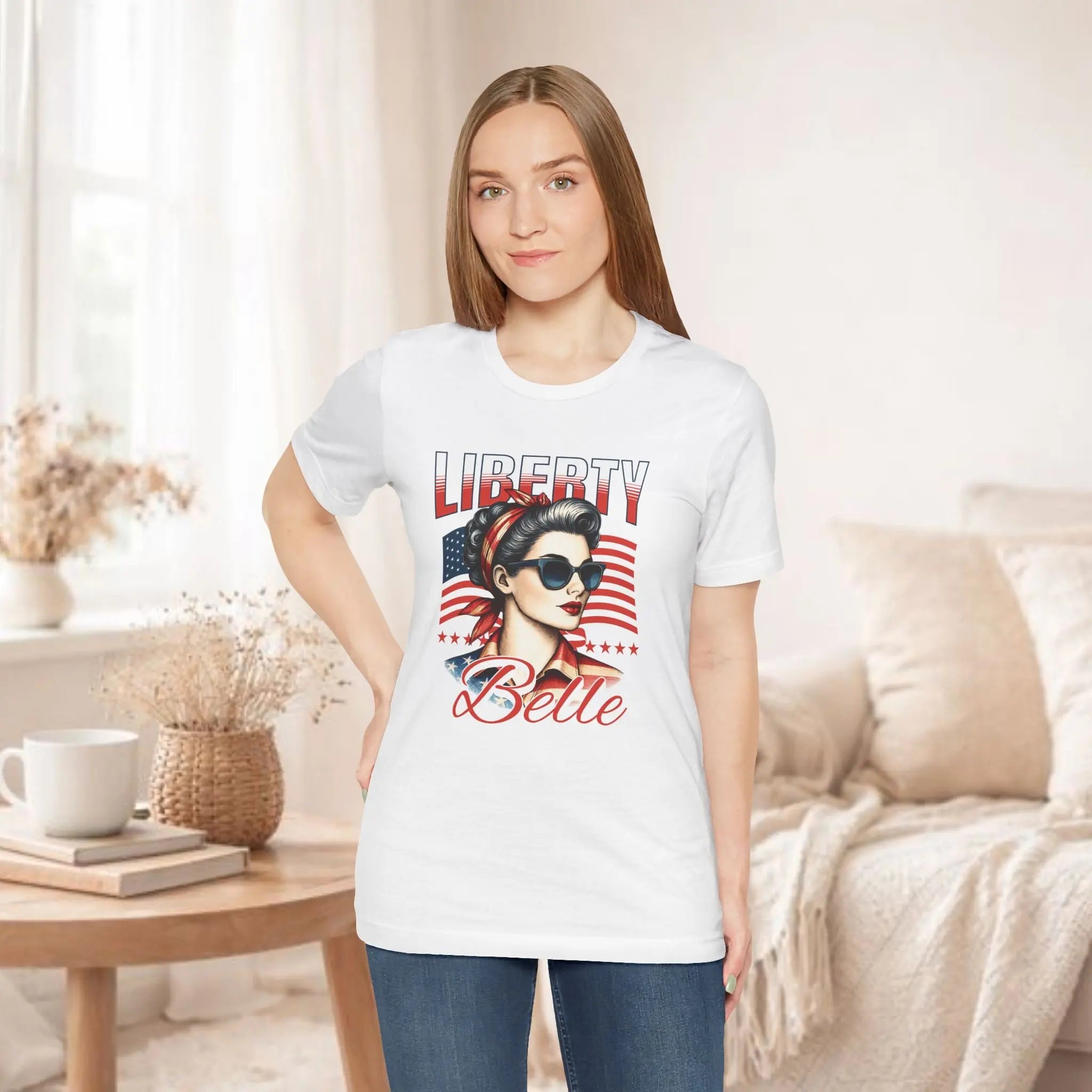 Liberty Belle Retro Patriotic Tee — Vintage American Flag Woman Design Printify