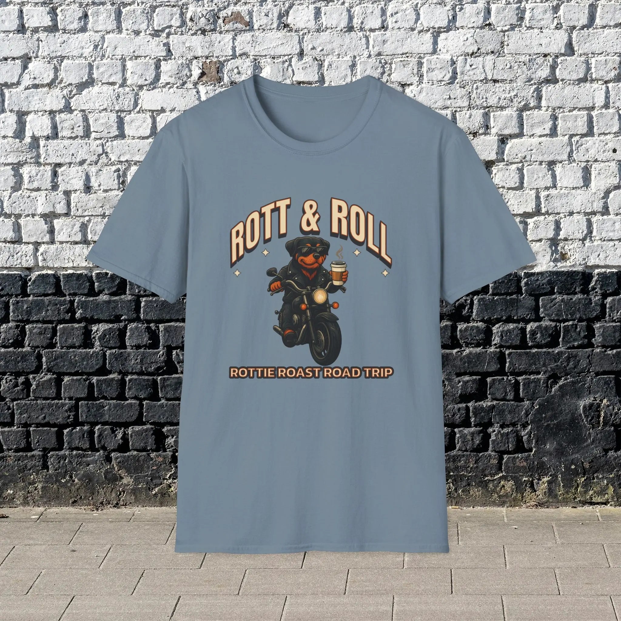 Rott & Roll T-Shirt — 'Rottie Roast Road Trip' Motorcycle Dog Graphic Tee Printify