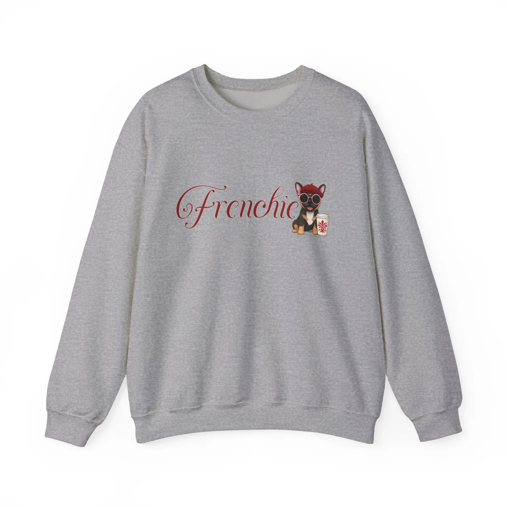 Frenchie Coffee Crewneck — Cute French Bulldog in Beret & Sunglasses Printify