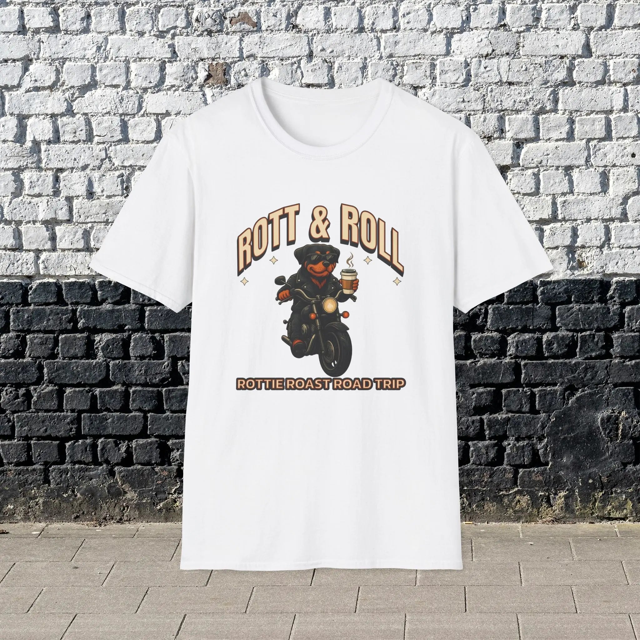 Rott & Roll T-Shirt — 'Rottie Roast Road Trip' Motorcycle Dog Graphic Tee Printify