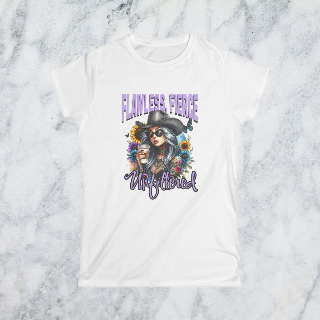 Unfiltered T-shirt - Sassy woman with cowboy hat and coffee surrounded by sunflowers Printify