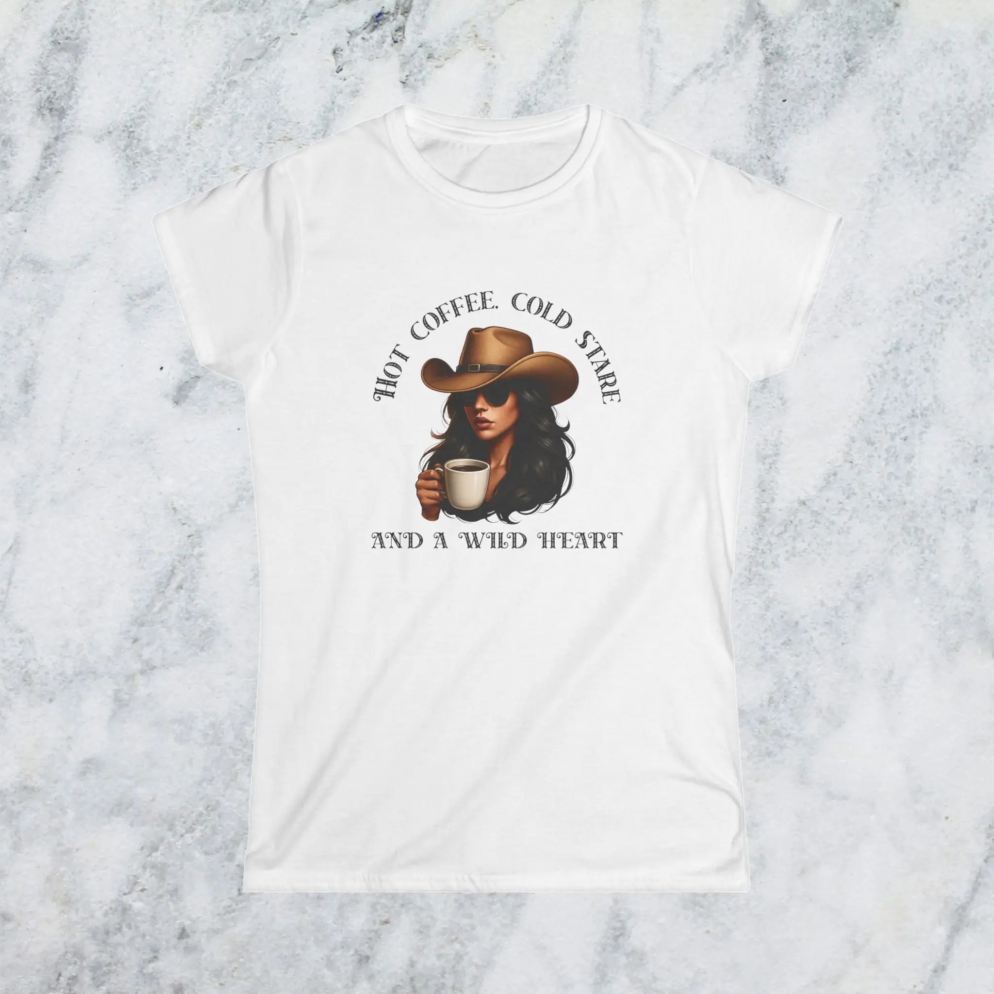Hot Coffee Cold Stare and a Wild Heart Shirt – Western Cowgirl Coffee Lover Tee, Country Girl Graphic Shirt, Sassy Rodeo Gift Printify