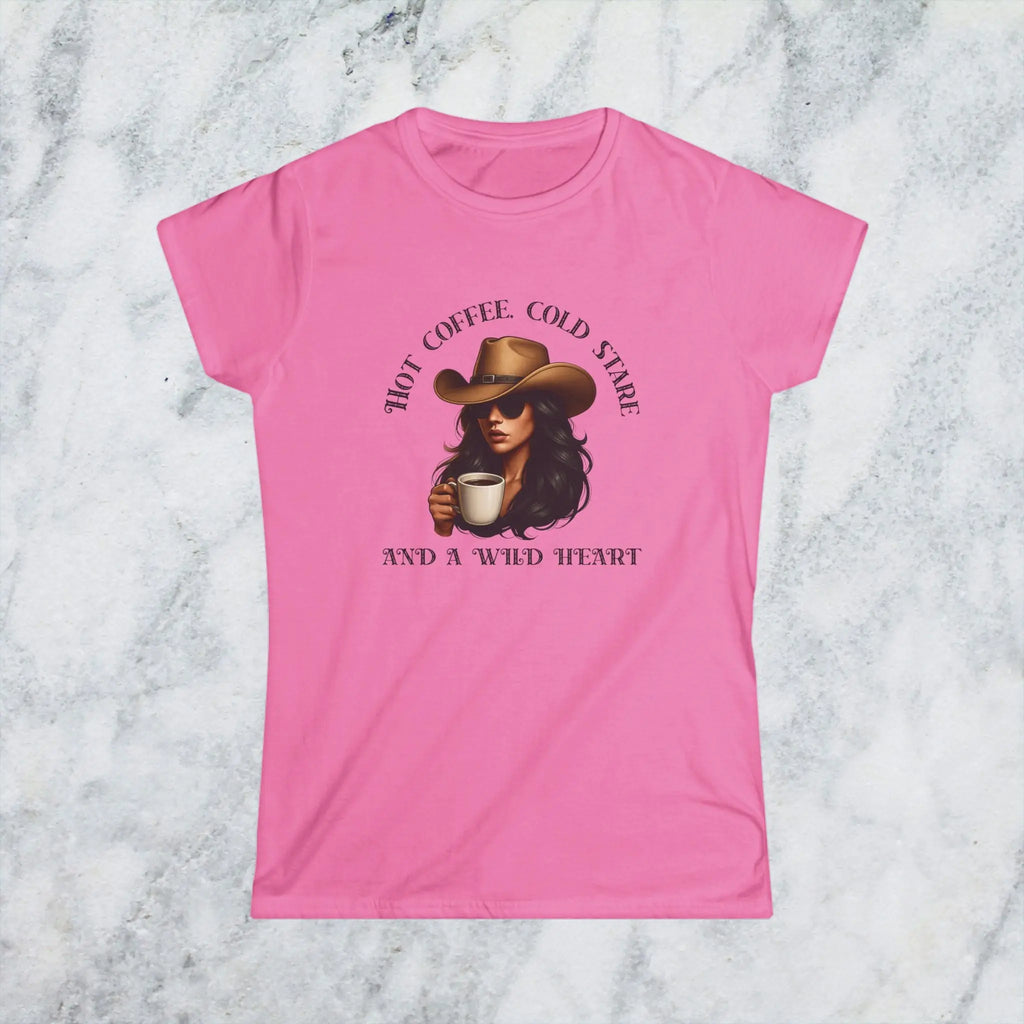 Hot Coffee Cold Stare and a Wild Heart Shirt – Western Cowgirl Coffee Lover Tee, Country Girl Graphic Shirt, Sassy Rodeo Gift Printify