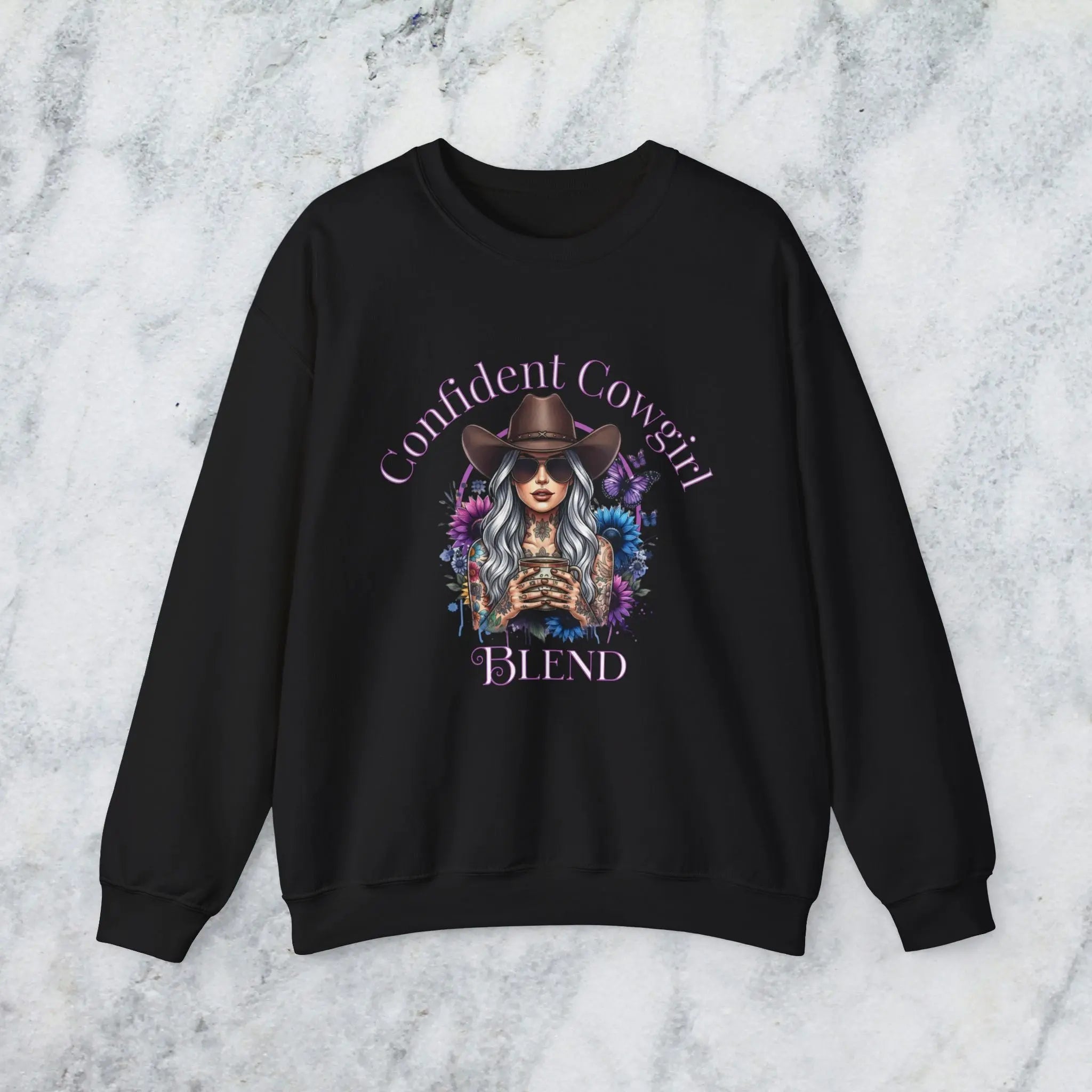 Confident Cowgirl Sweatshirt — Floral Western Coffee Blend Graphic Shirt Printify