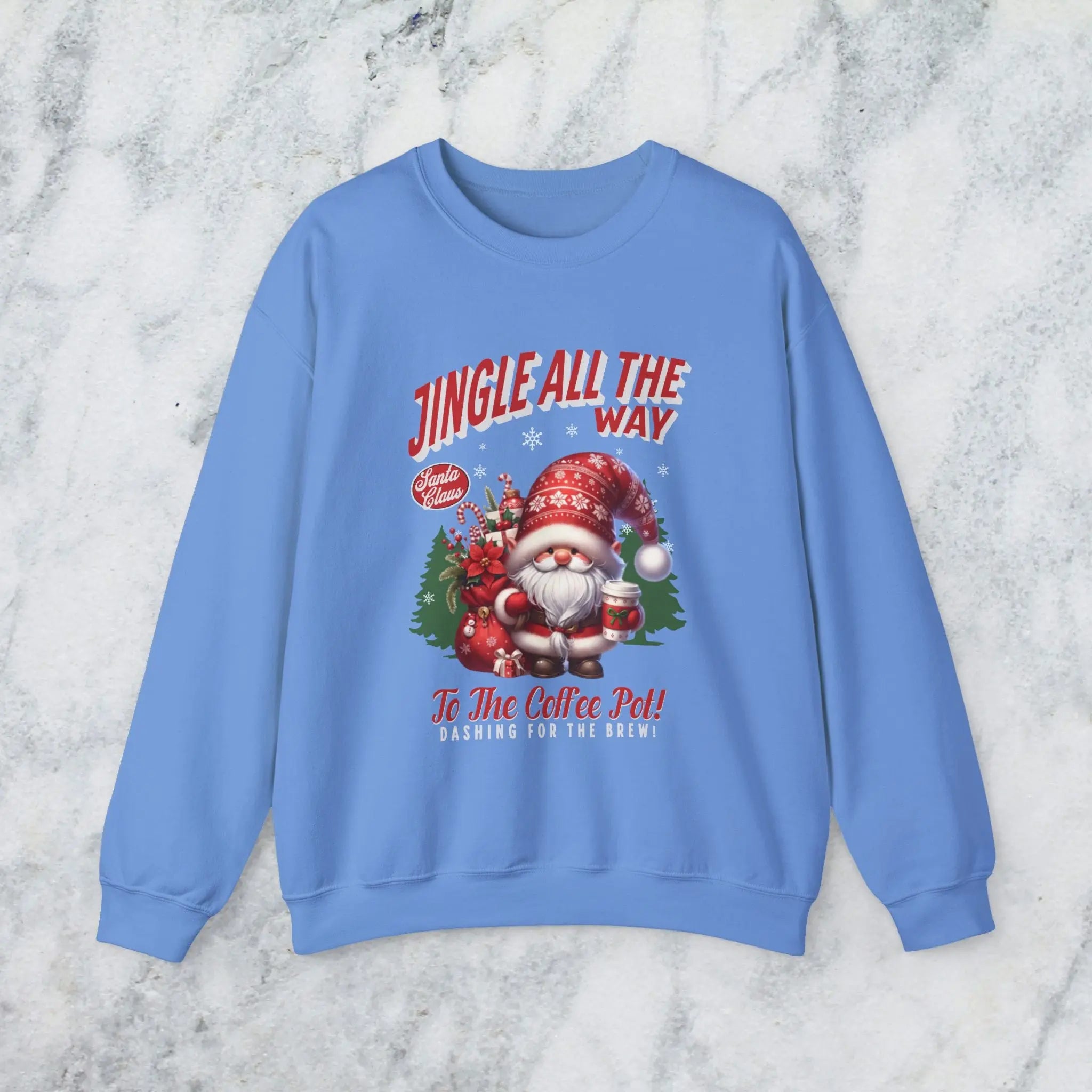 Jingle All the Way Sweatshirt - Cute Santa Holding Coffee and Toys Printify