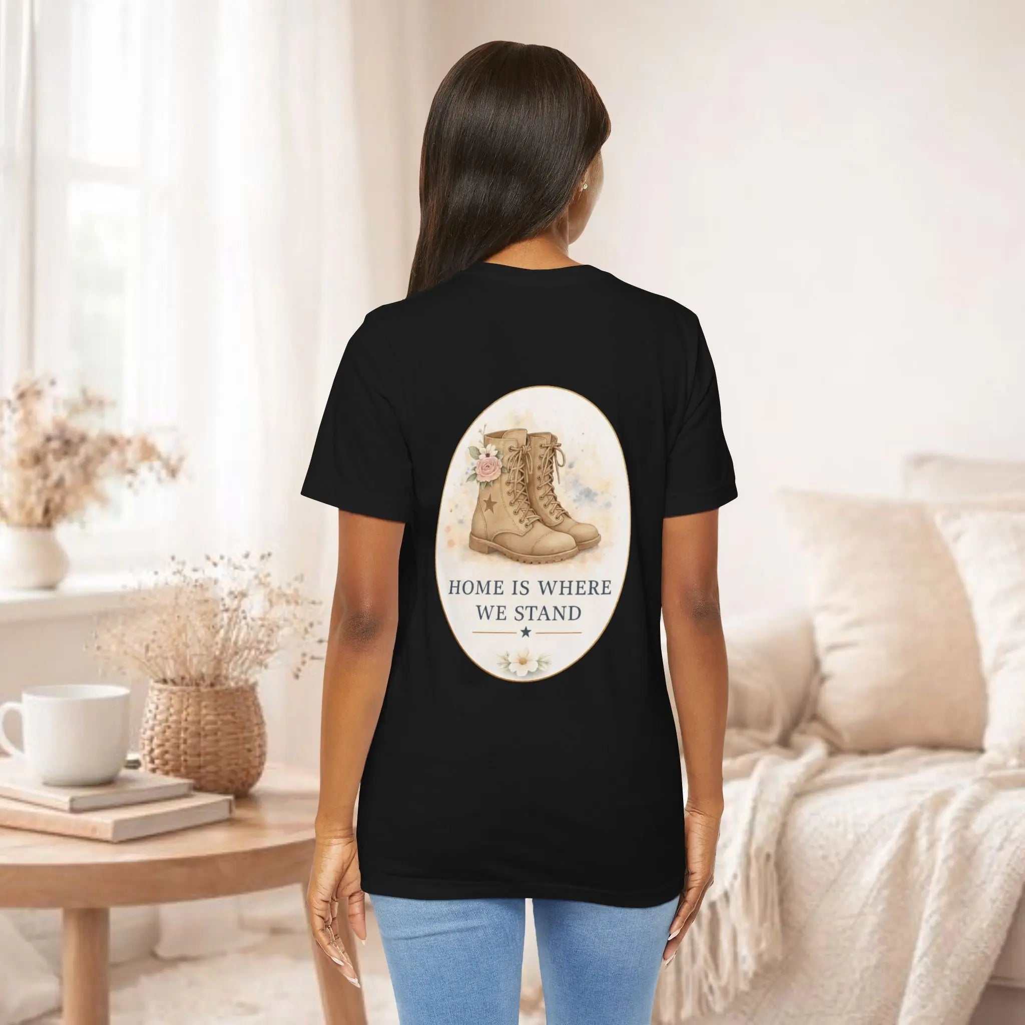 Home Is Where We Stand Tee — Hiking Boots Floral Graphic Shirt Printify