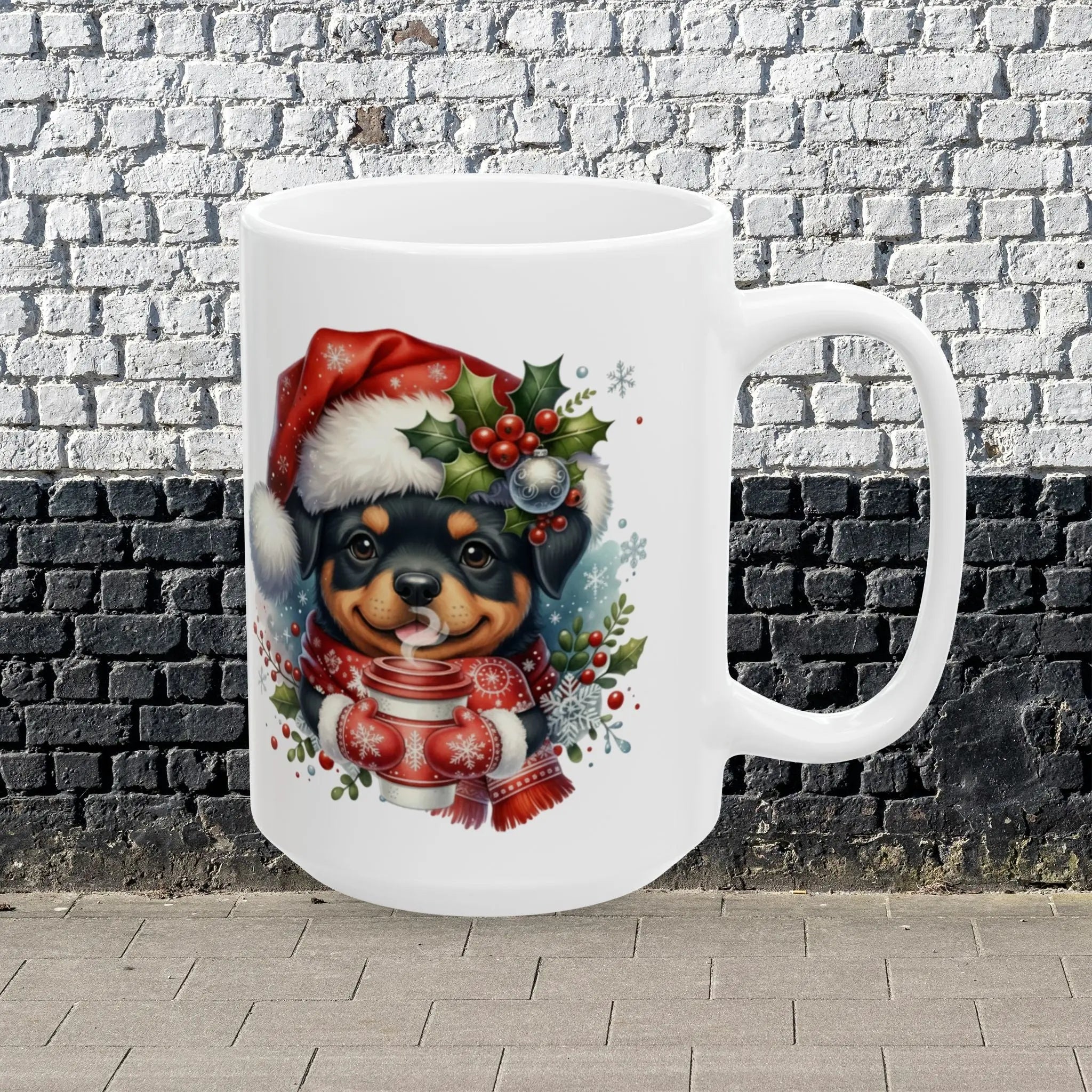 Christmas Rottweiler Puppy Coffee Mug — Cute Santa Hat Dog Ceramic Mug (15oz) Printify
