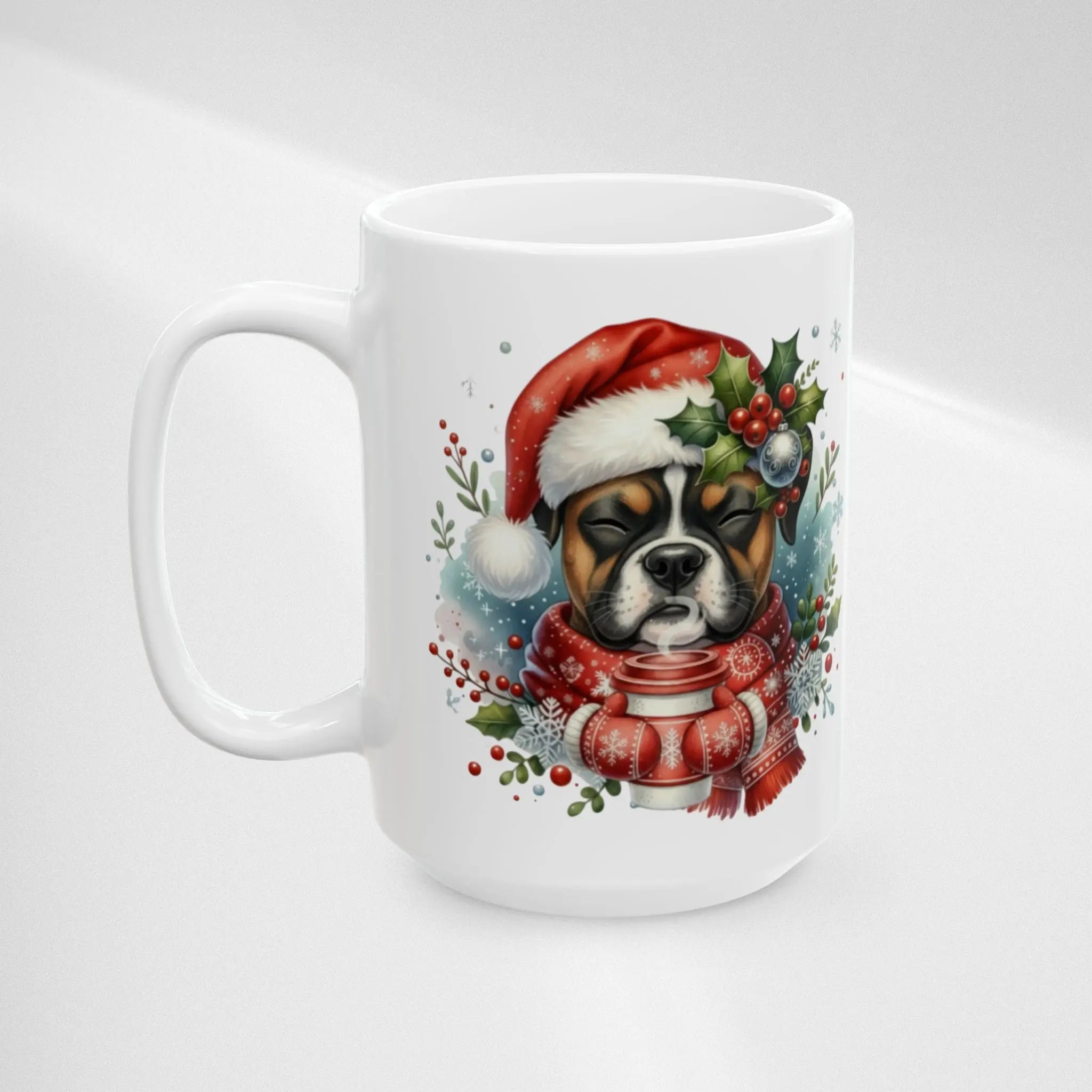 Christmas Boxer Puppy Coffee Mug — 15oz Ceramic Holiday Mug Printify