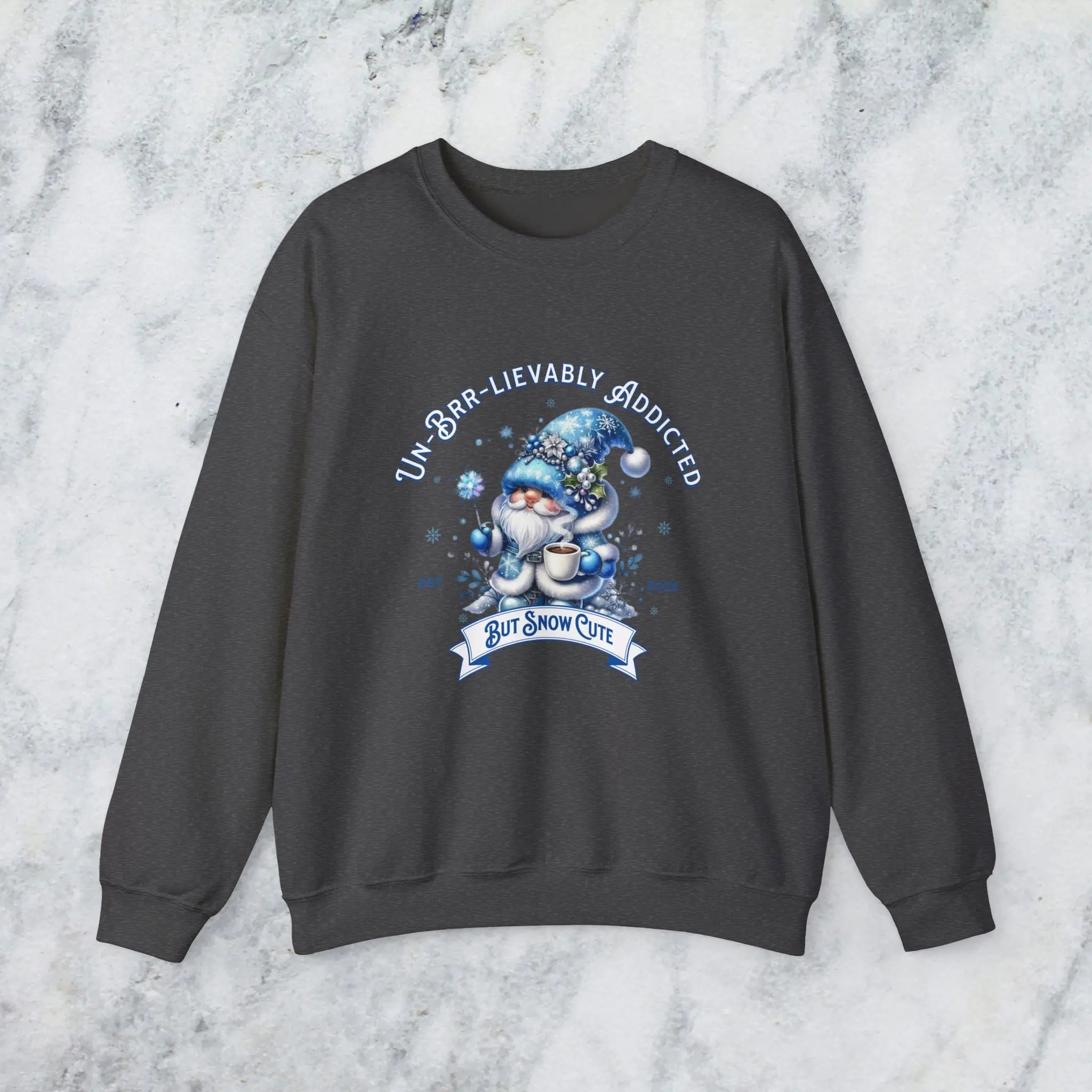 Unbrr-lievalby Addicted Sweatshirt - cute gnome with magic wand holding coffee winter shirt Printify