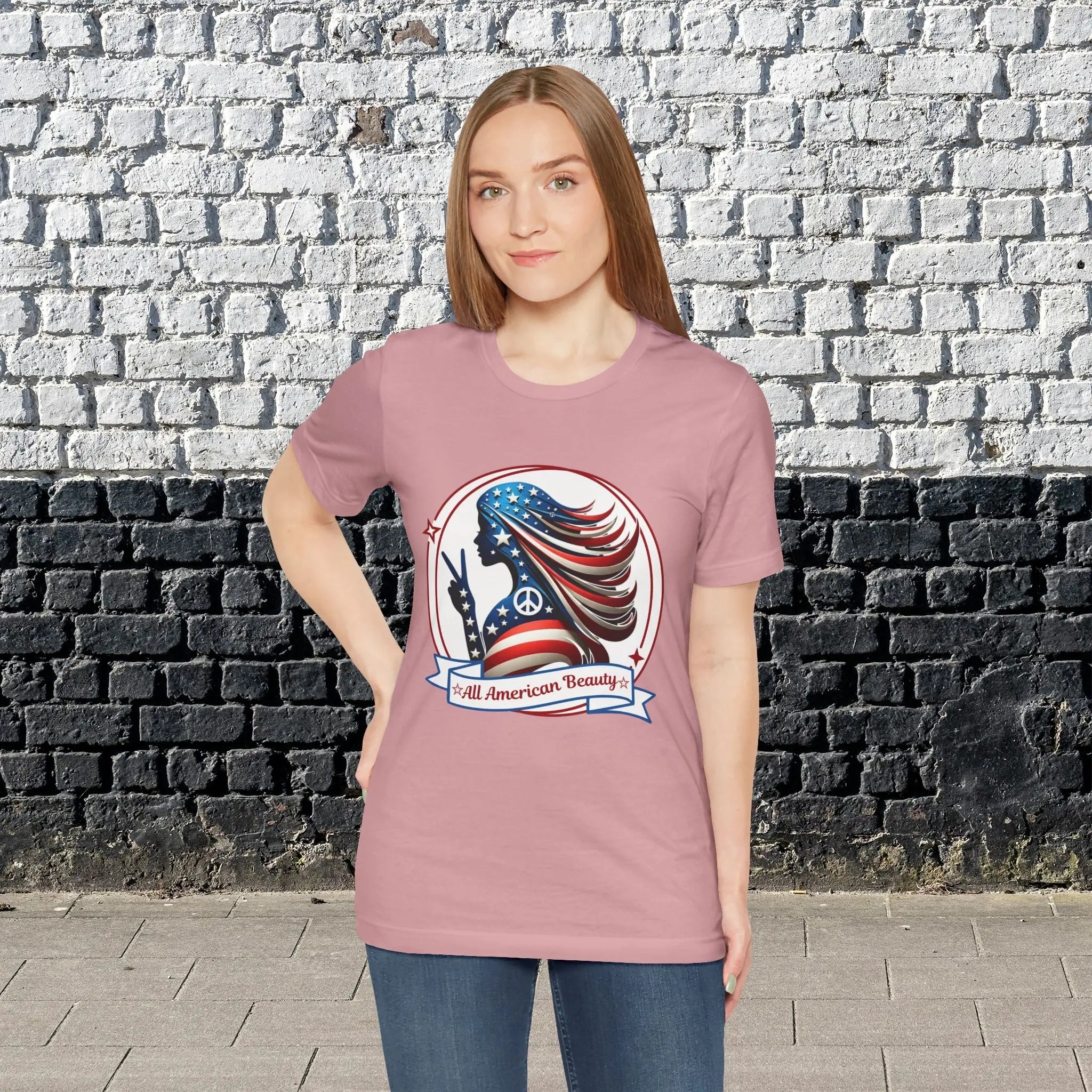 All American Beauty T-Shirt — Red White & Blue Peace Sign Silhouette Printify
