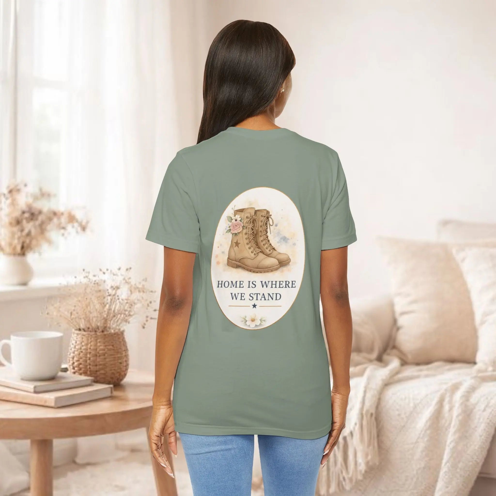 Home Is Where We Stand Tee — Hiking Boots Floral Graphic Shirt Printify