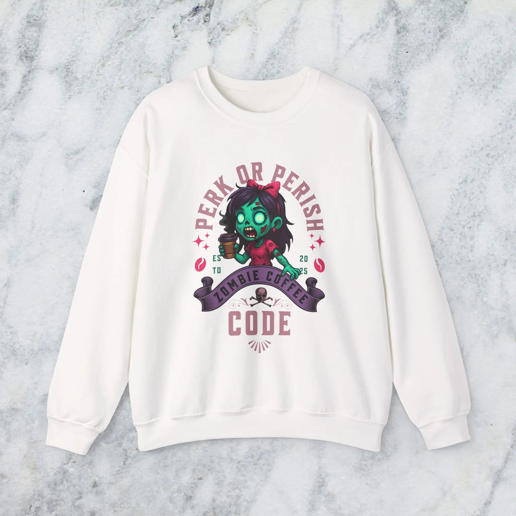Perk or Perish Zombie Sweatshirt - Cute zombie coffee graphic tee - Boldly Bitter Company