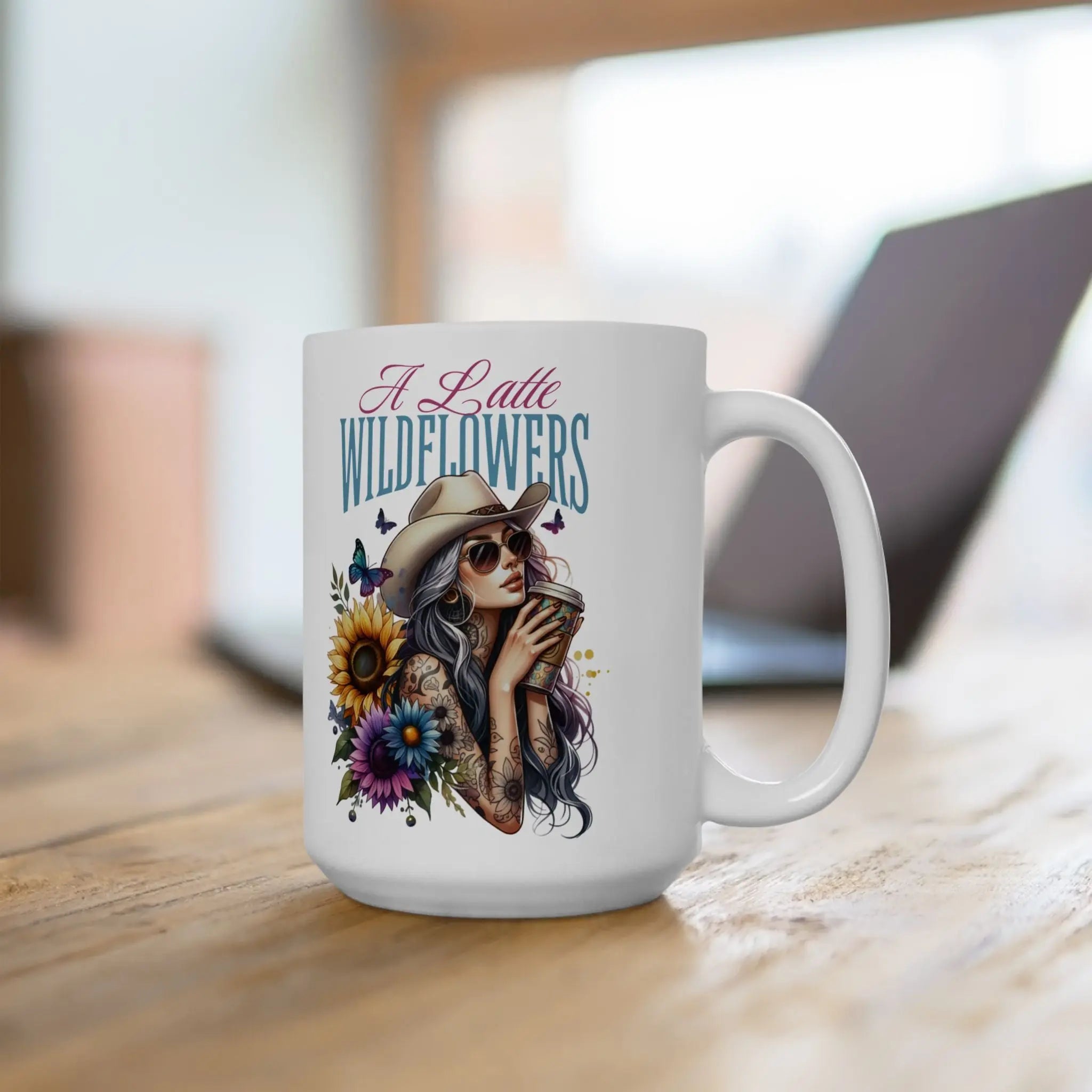 A Latte Wildflowers Mug — Sunflowers & Butterflies (15oz) Printify