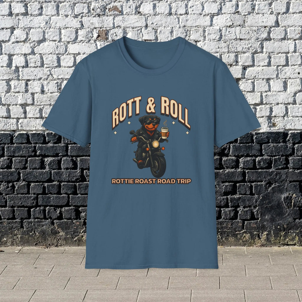 Rott & Roll T-Shirt — 'Rottie Roast Road Trip' Motorcycle Dog Graphic Tee Printify