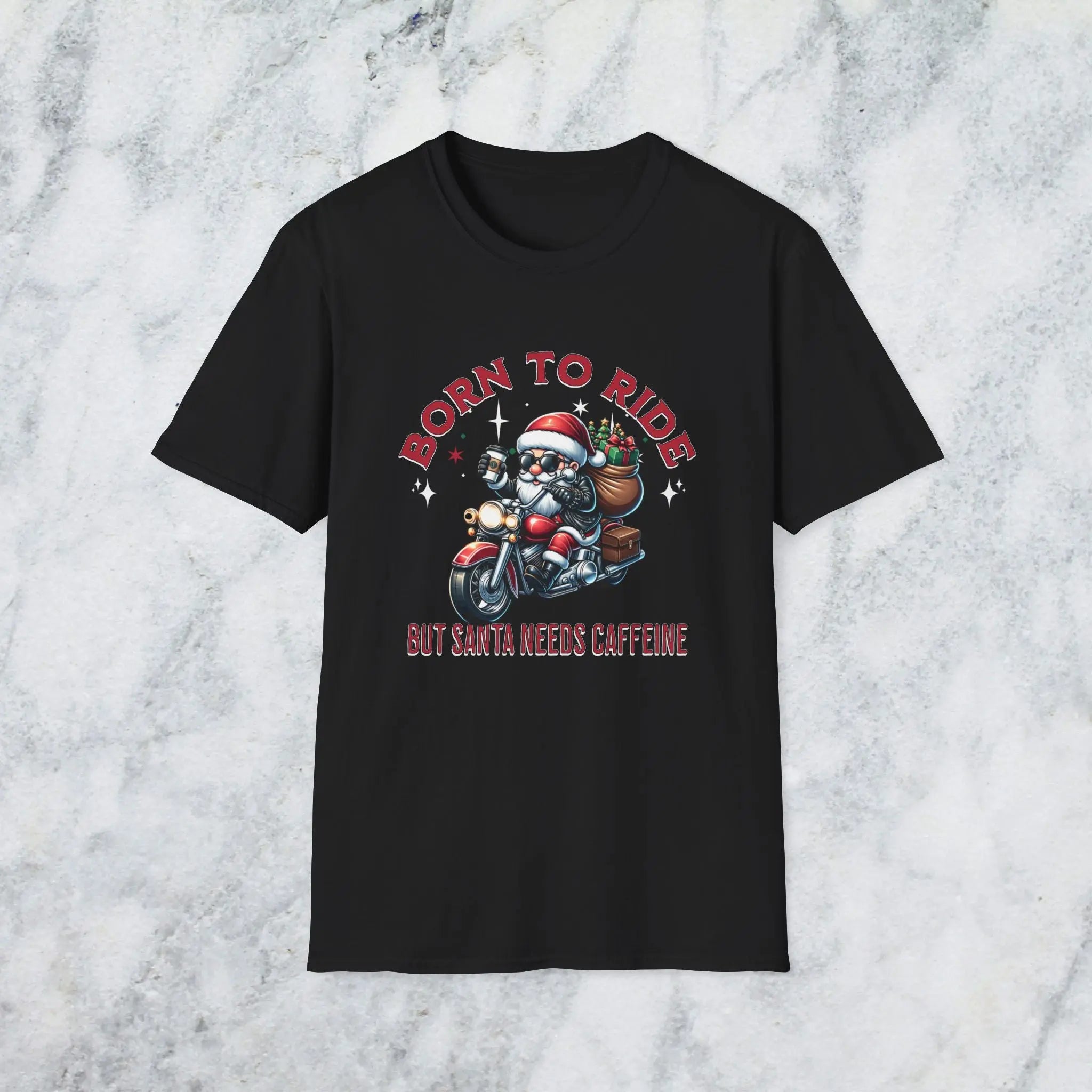 Santa Riding Motorcycle T-Shirt — "Born to Ride but Santa Needs Caffeine" Holiday Tee Printify