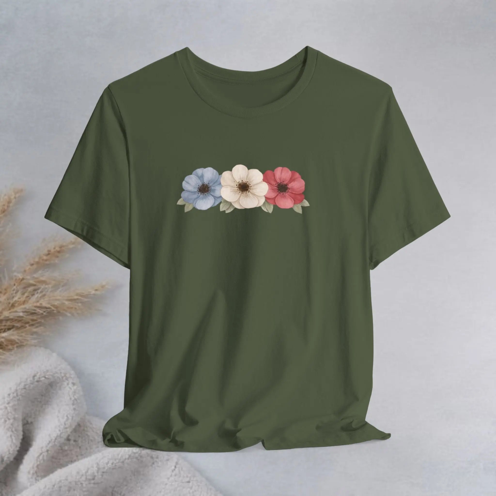 Floral Trio Tee — Vintage Red, Cream & Blue Poppy Graphic T-Shirt Printify