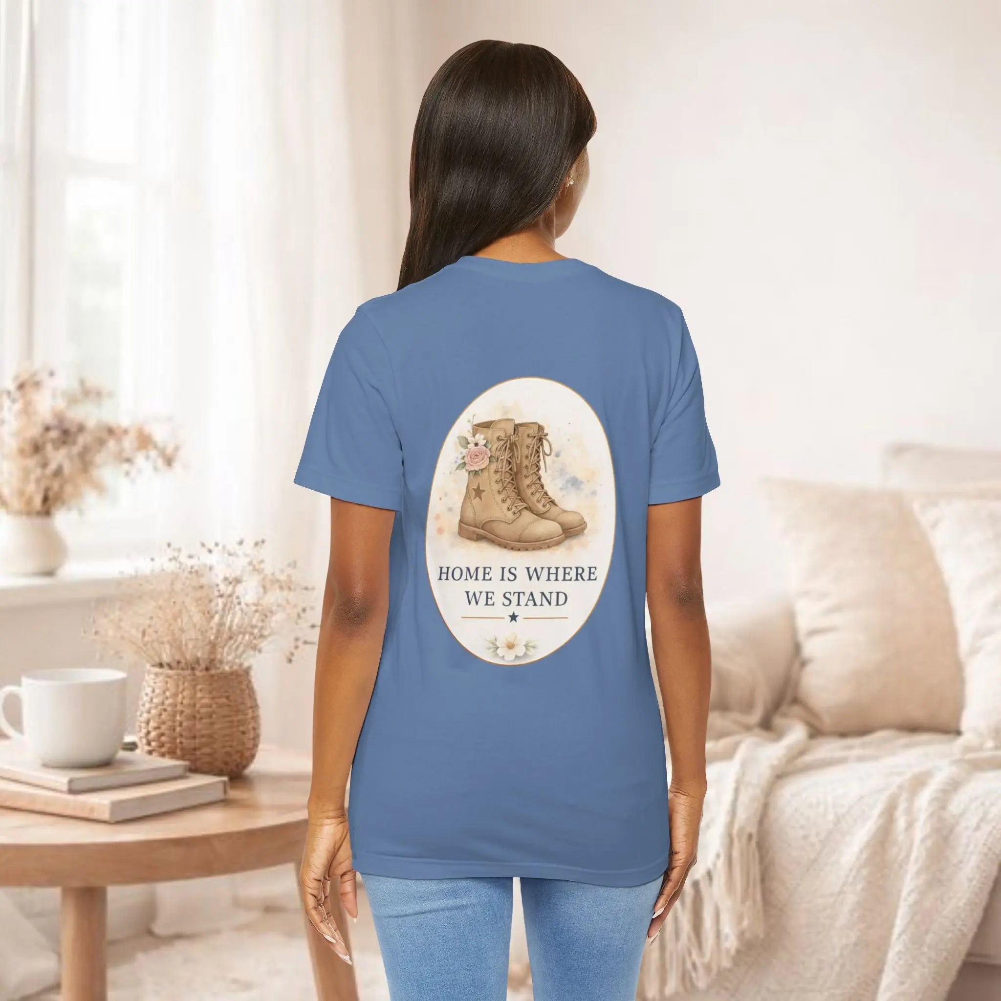 Home Is Where We Stand Tee — Hiking Boots Floral Graphic Shirt Printify