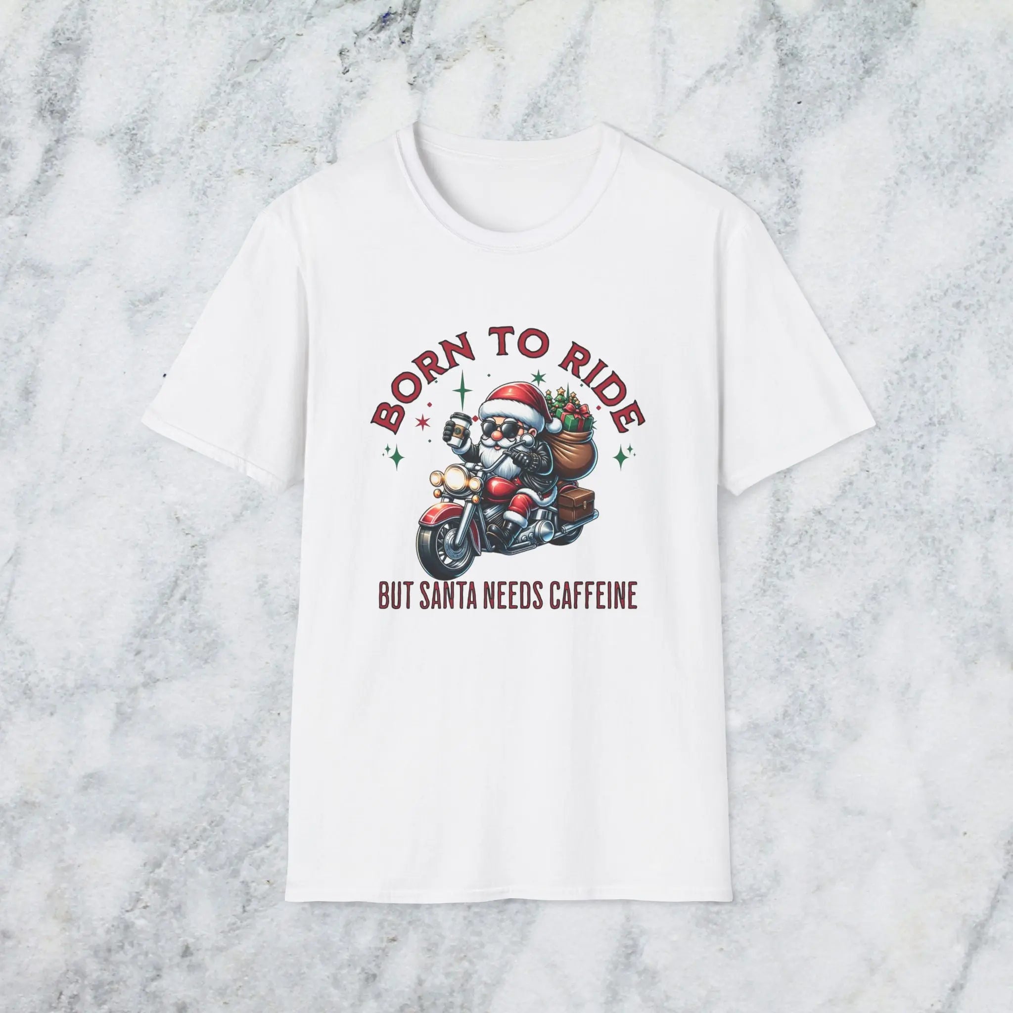 Santa Riding Motorcycle T-Shirt — "Born to Ride but Santa Needs Caffeine" Holiday Tee Printify