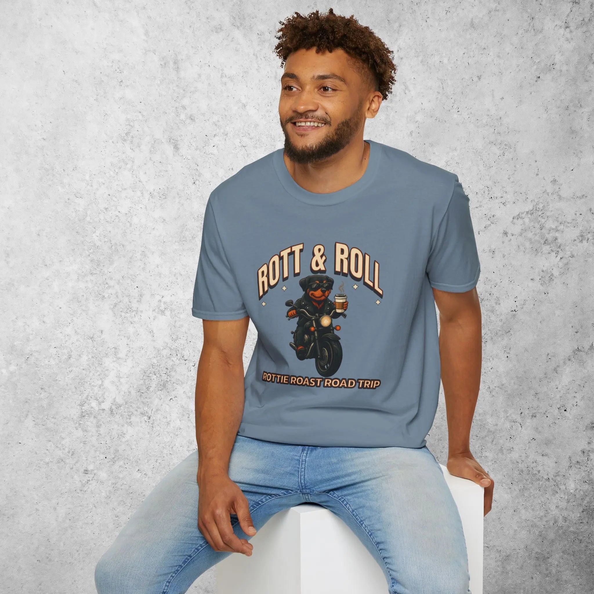 Rott & Roll T-Shirt — 'Rottie Roast Road Trip' Motorcycle Dog Graphic Tee Printify