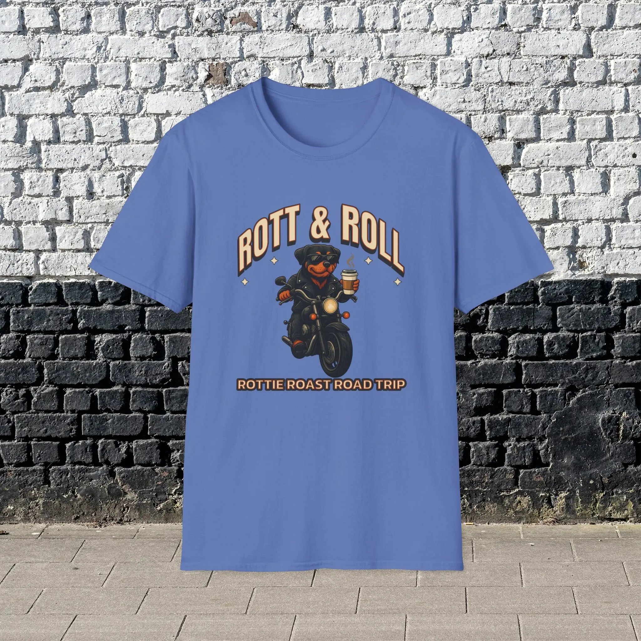 Rott & Roll T-Shirt — 'Rottie Roast Road Trip' Motorcycle Dog Graphic Tee Printify