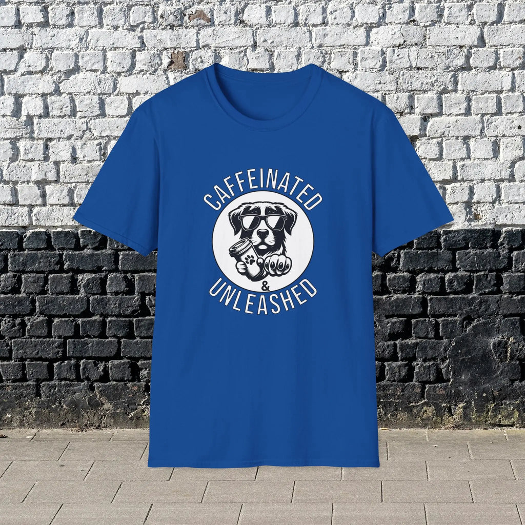 Caffeinated & Unleashed T-Shirt — Funny Coffee Lover Puppy Tee Printify