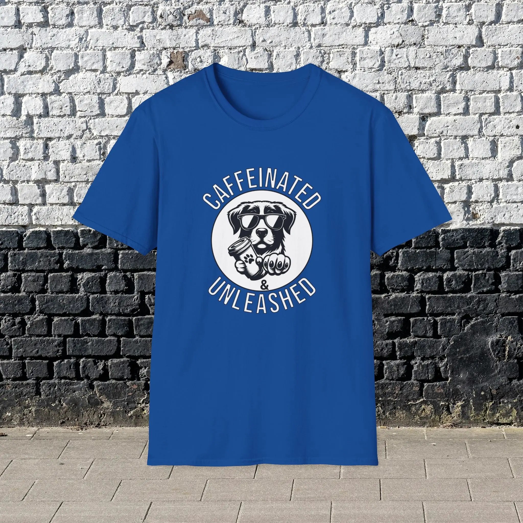 Caffeinated & Unleashed T-Shirt — Funny Coffee Lover Puppy Tee Printify