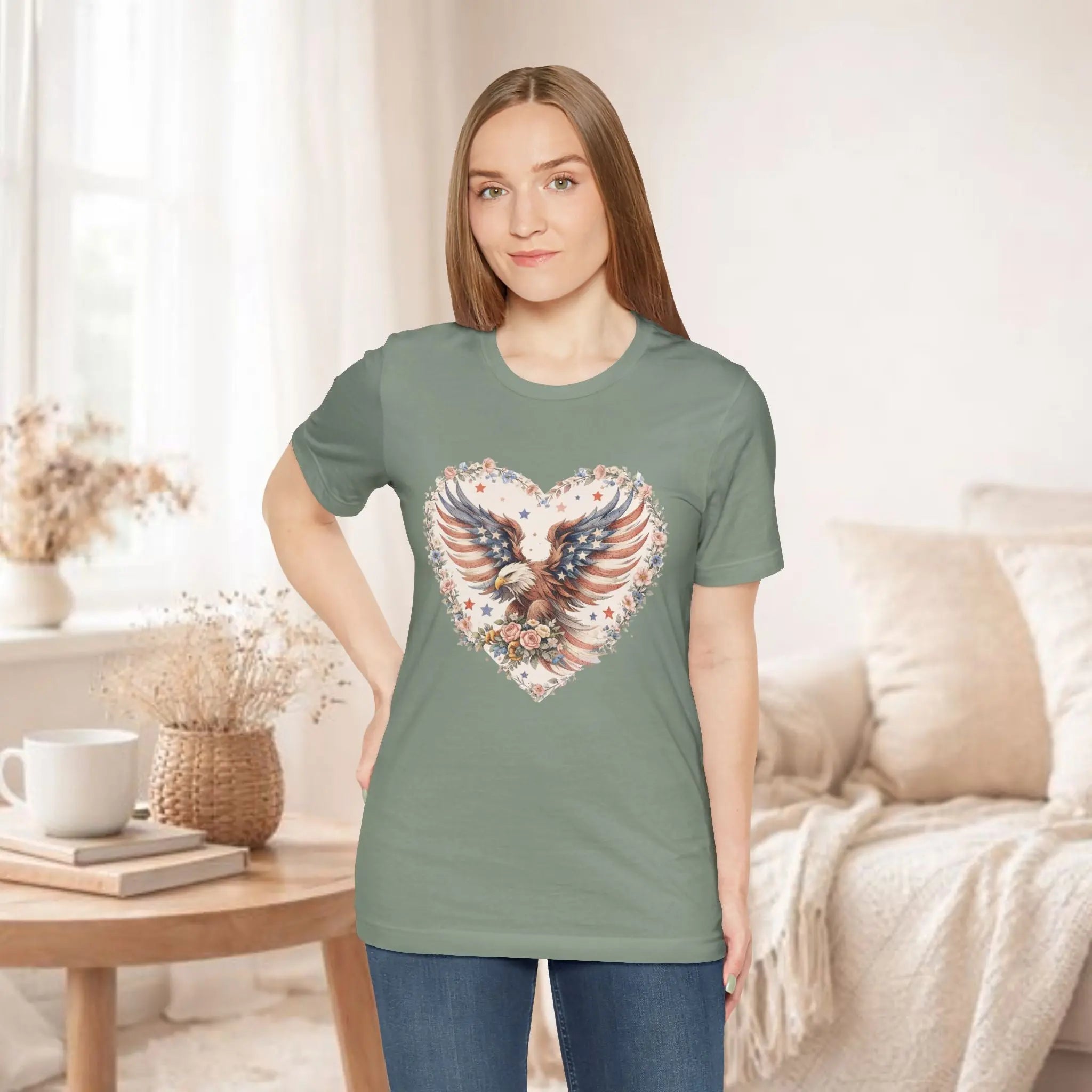 Heart Eagle T-Shirt — Floral Patriotic Eagle Heart Tee Printify