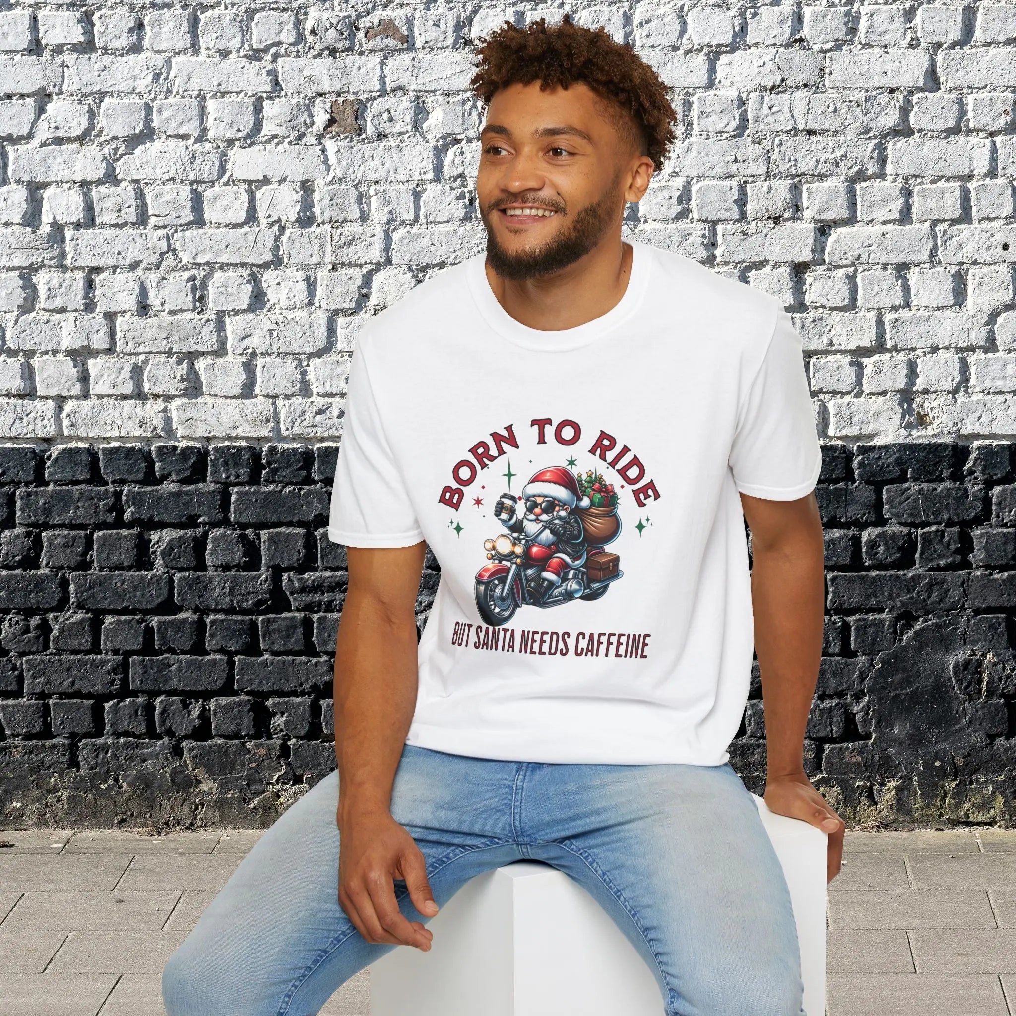 Santa Riding Motorcycle T-Shirt — "Born to Ride but Santa Needs Caffeine" Holiday Tee Printify