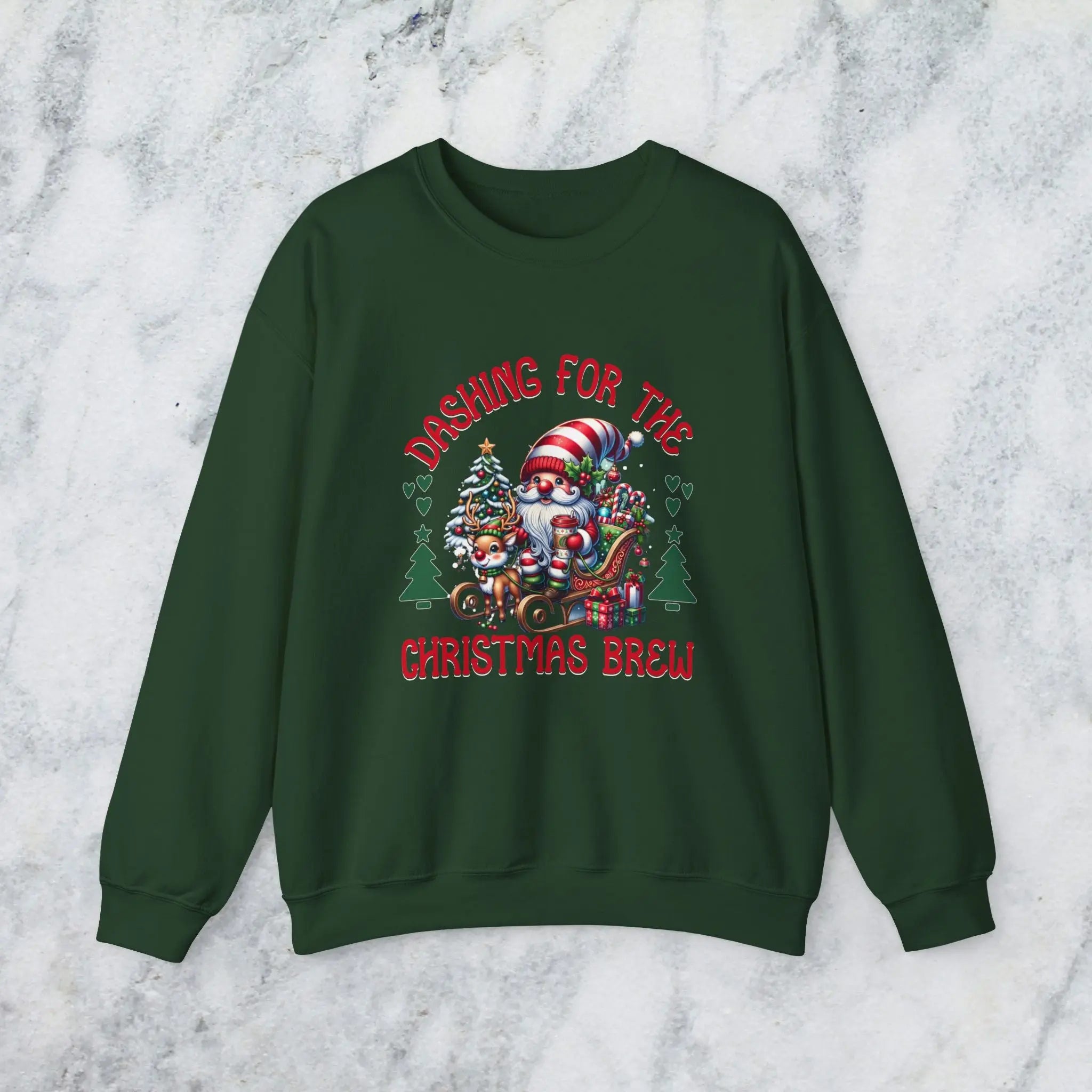 Dashing for the Brew Sweatshirt - Cute Christmas Santa in sleigh with toys and coffee Printify