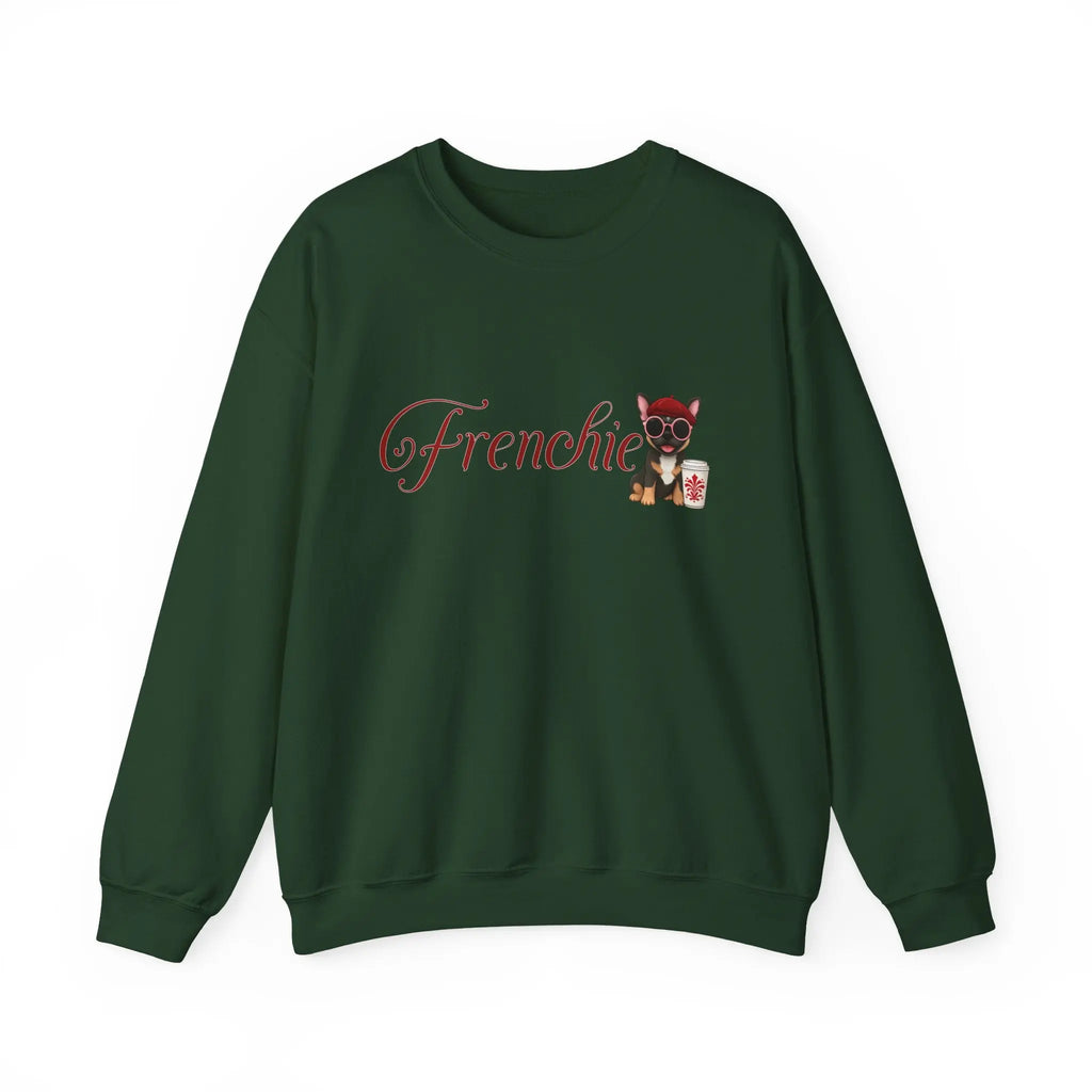 Frenchie Coffee Crewneck — Cute French Bulldog in Beret & Sunglasses Printify