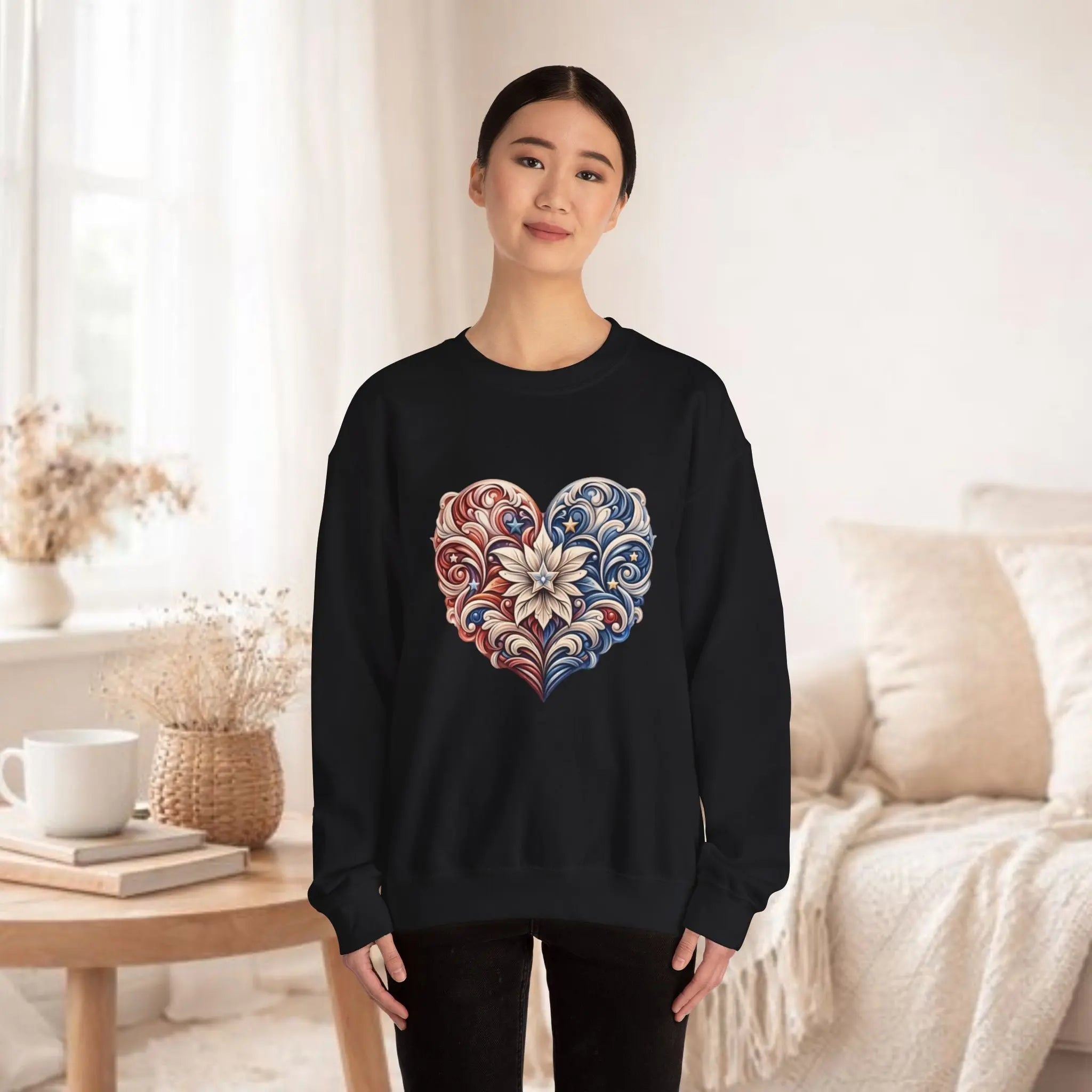 Floral Filigree Heart Sweatshirt — Red & Blue Ornate Heart Design Printify