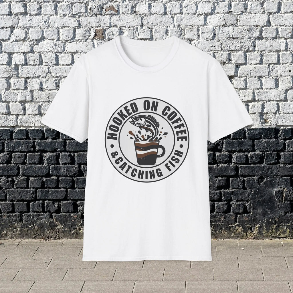 Hooked on Coffee & Catching Fish T‑Shirt – Fishing & Coffee Lover Tee Printify
