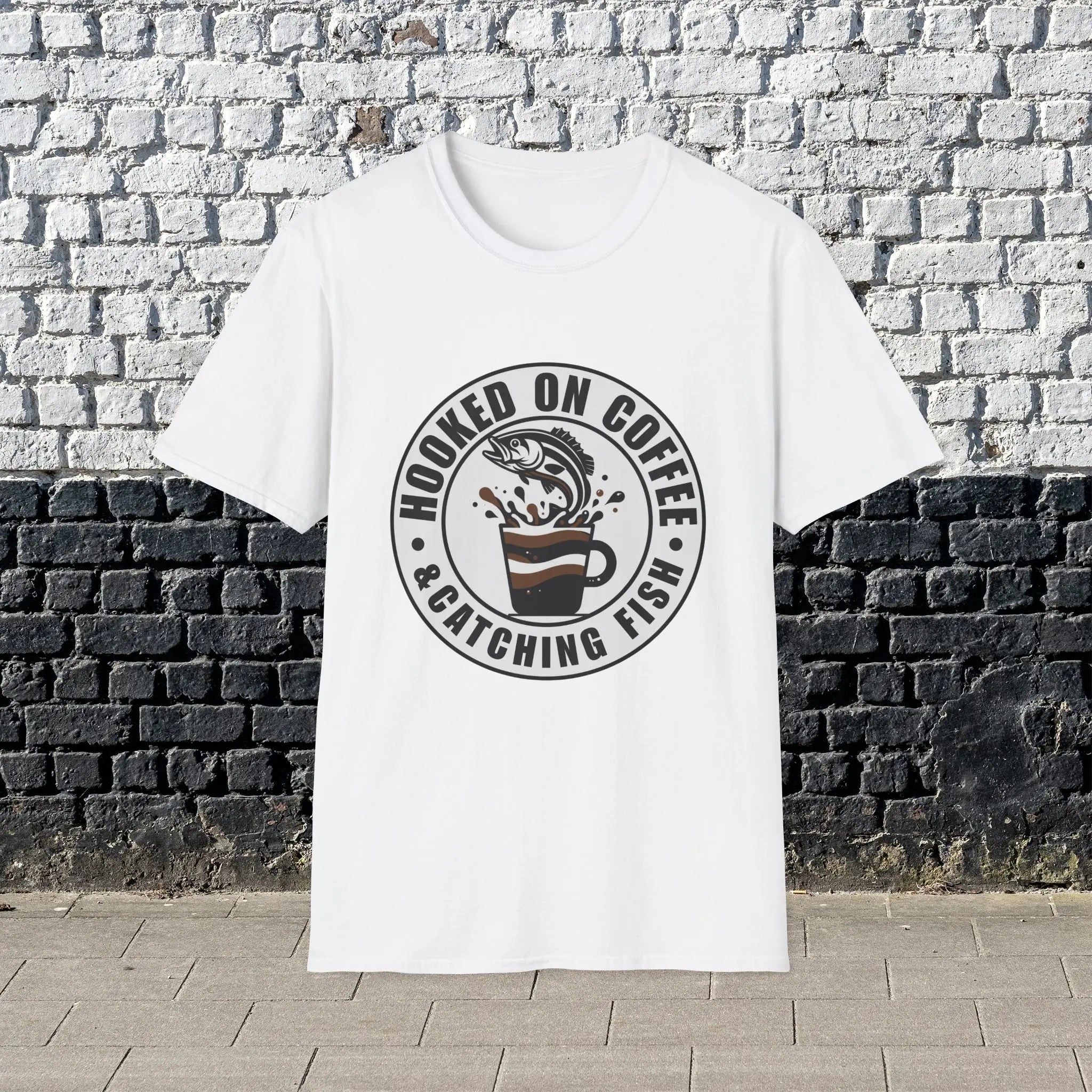Hooked on Coffee & Catching Fish T‑Shirt – Fishing & Coffee Lover Tee Printify
