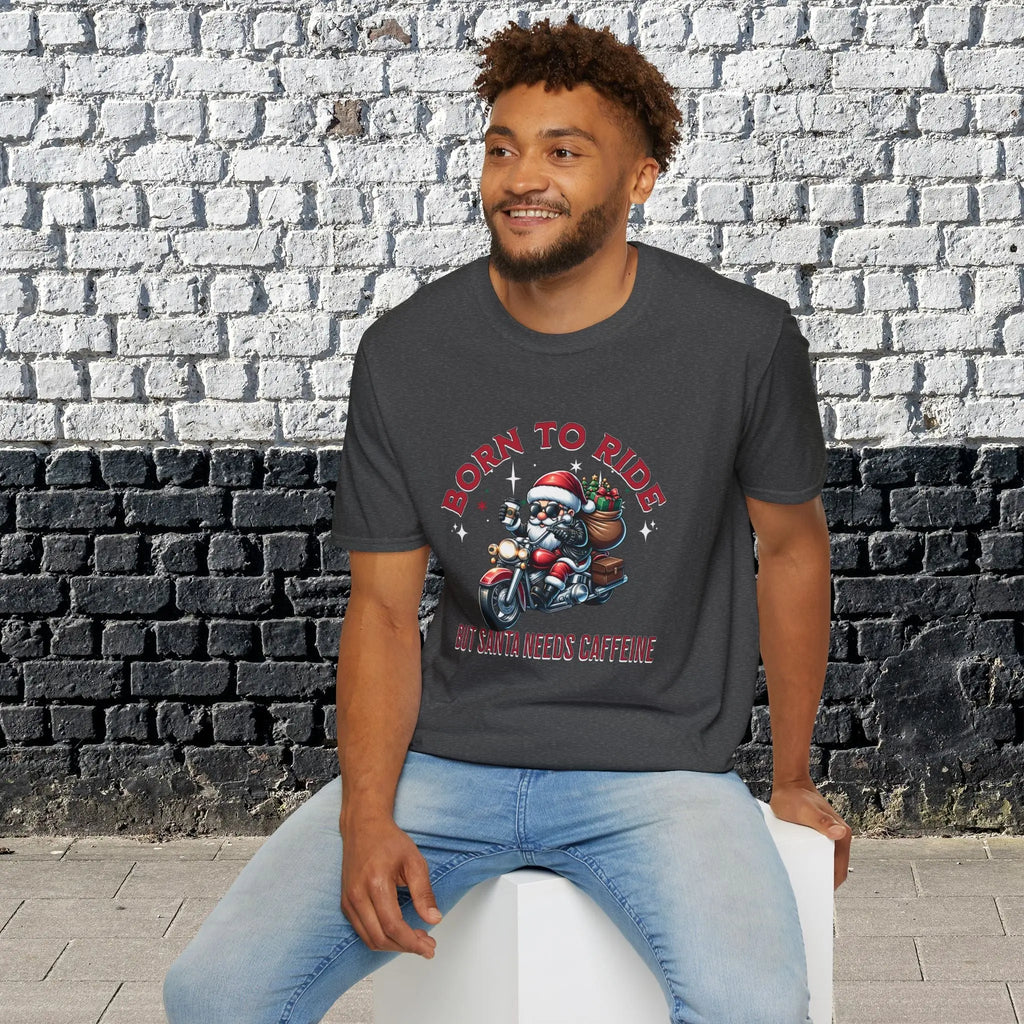 Santa Riding Motorcycle T-Shirt — "Born to Ride but Santa Needs Caffeine" Holiday Tee Printify