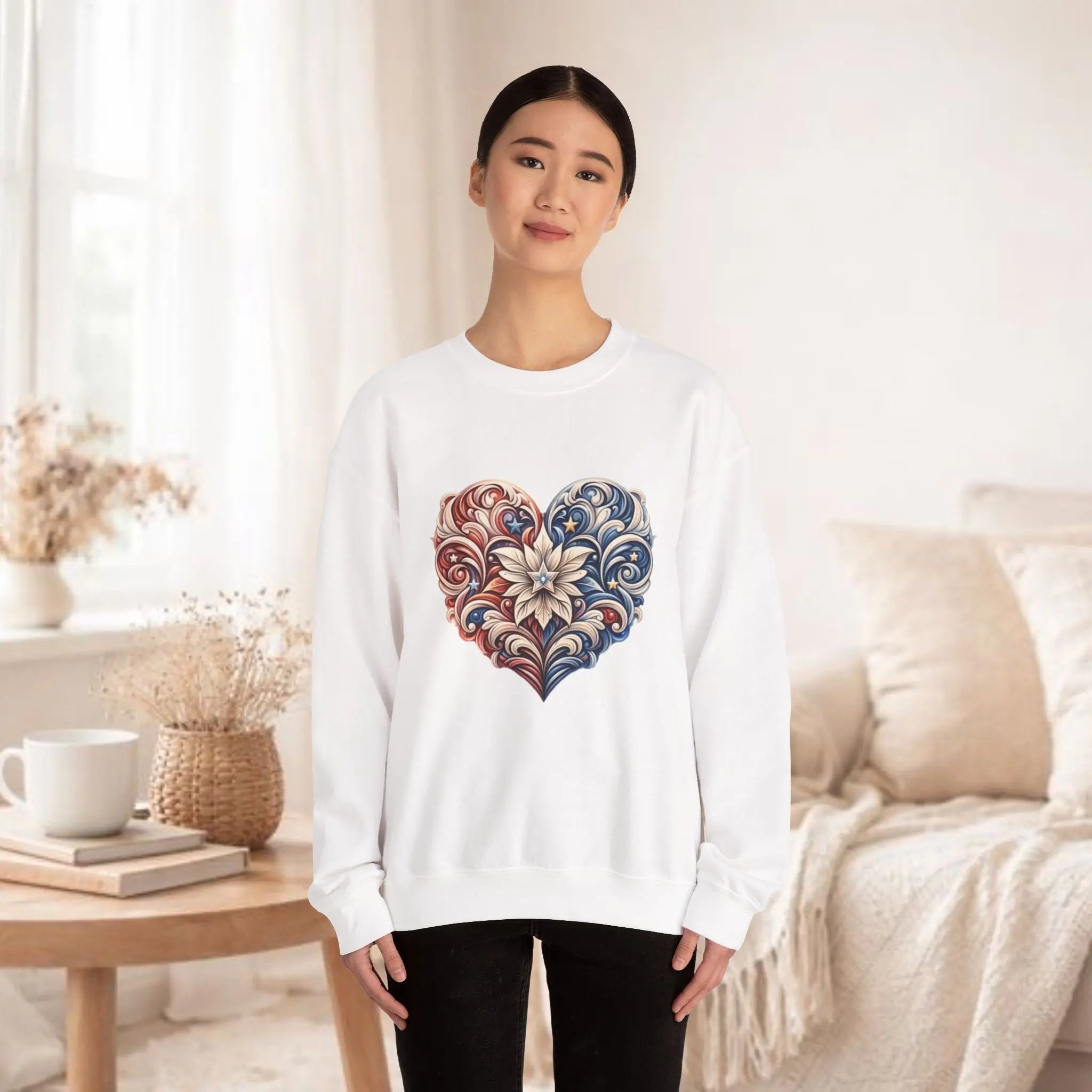 Floral Filigree Heart Sweatshirt — Red & Blue Ornate Heart Design Printify