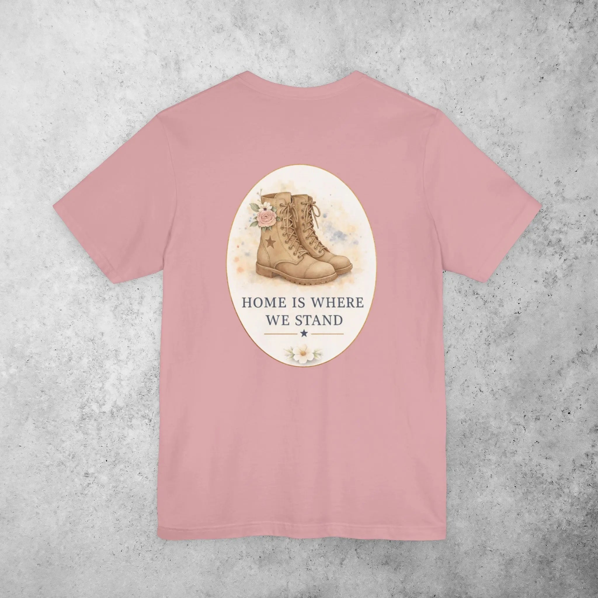 Home Is Where We Stand Tee — Hiking Boots Floral Graphic Shirt Printify