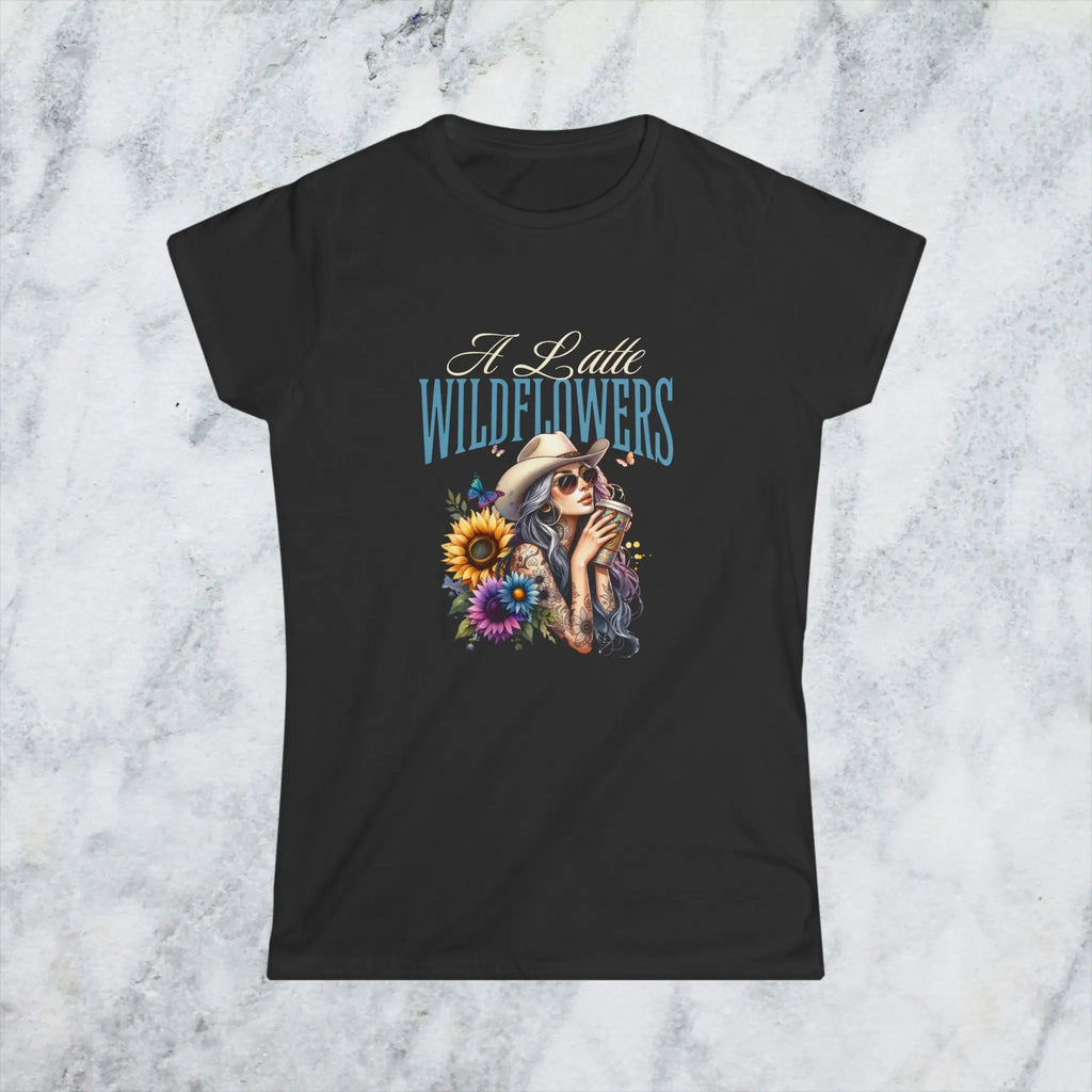Women's Cowgirl Tee — 'A Latte Wildflowers' Cowboy Hat Coffee Sunflowers Design Printify