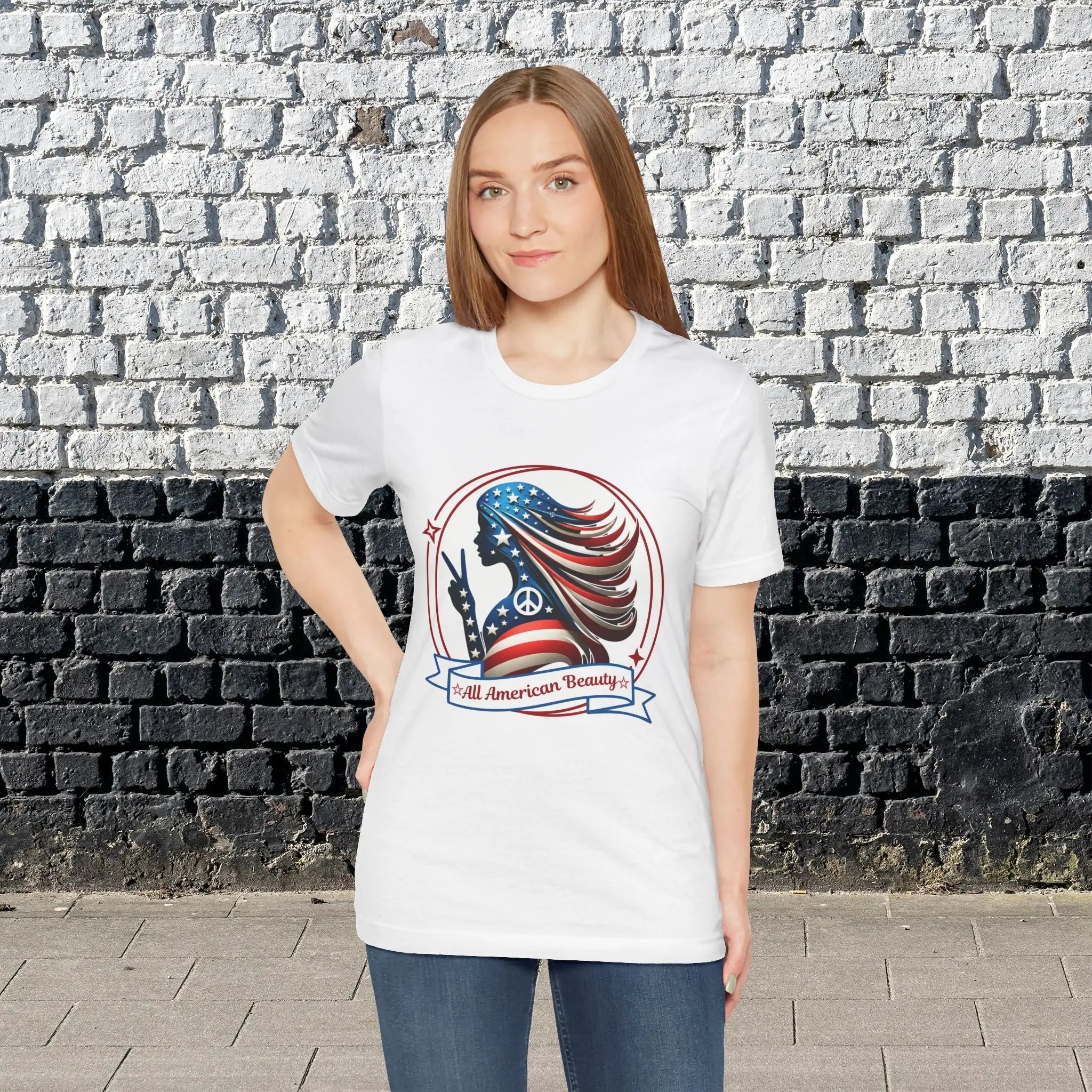 All American Beauty T-Shirt — Red White & Blue Peace Sign Silhouette Printify