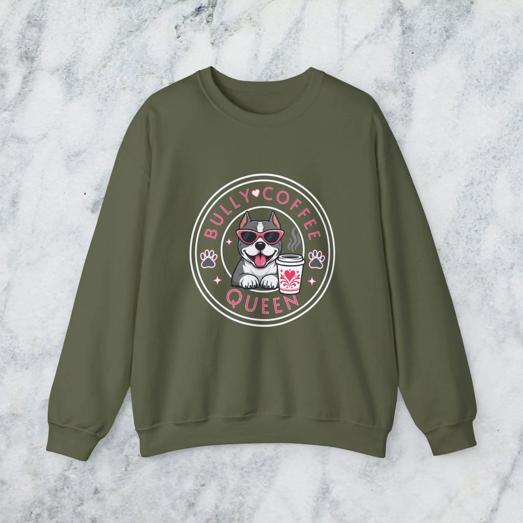 Bully Coffee Queen Sweatshirt — Pitbull with Pink Sunglasses & Coffee Graphic Printify